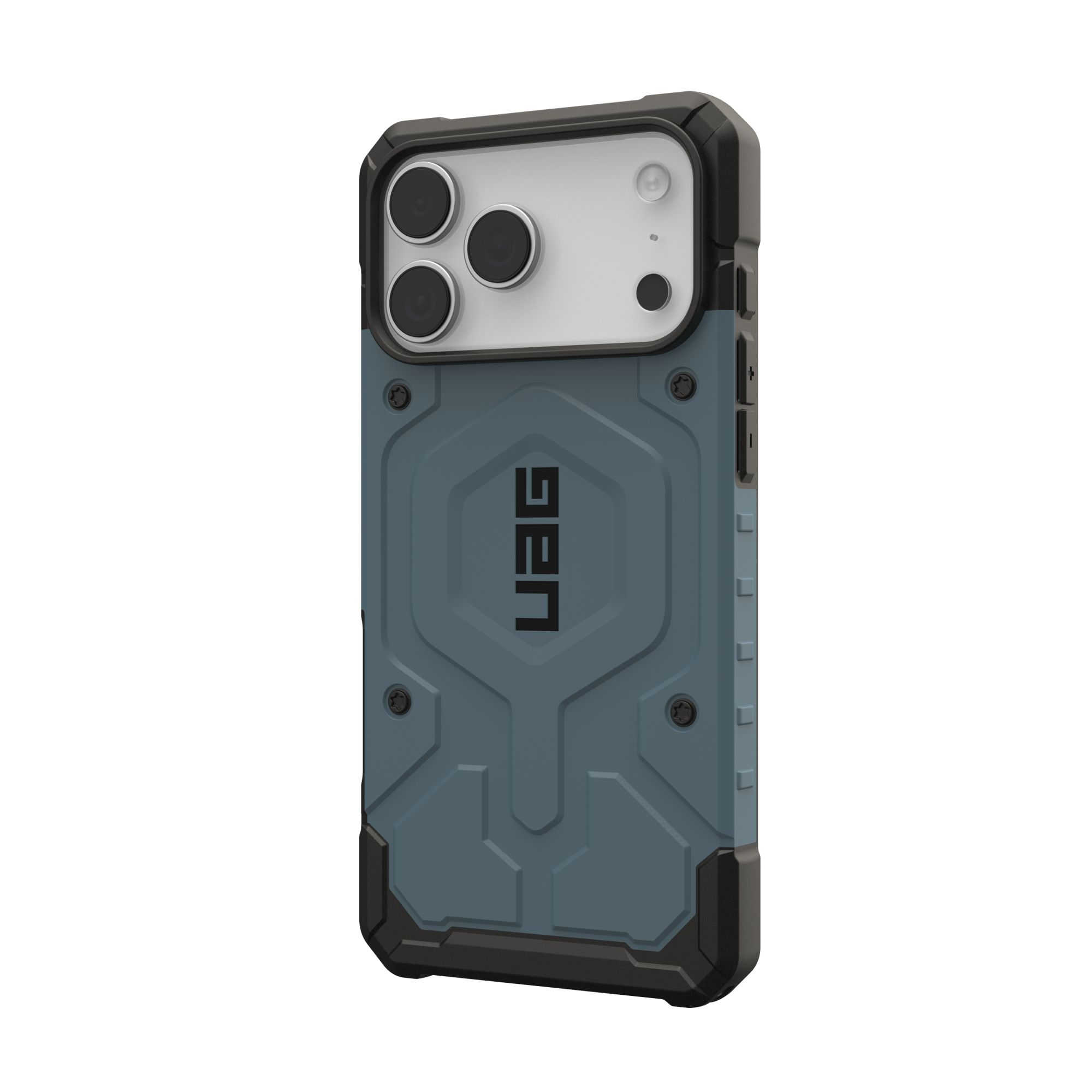Eine blaue UAG-Handyhülle mit schwarzen Akzenten. Sie hat einen Kameraausschnitt und das UAG-Logo.