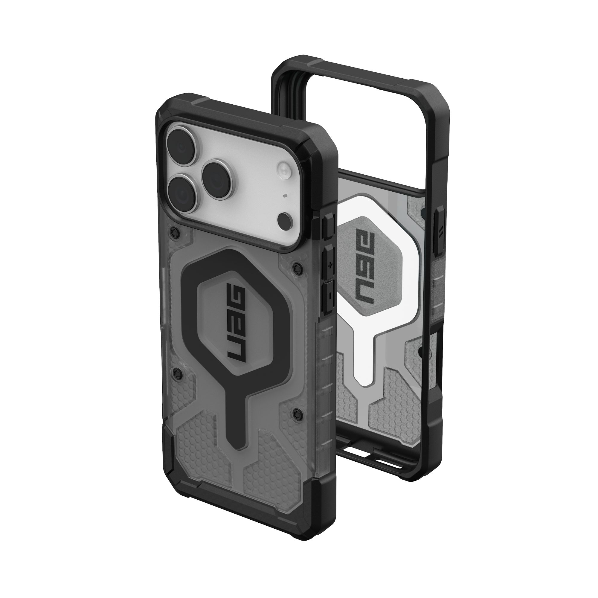 Zwei Handyhüllen, eine offen. Schwarzes und graues Design mit den Wörtern 'UAG' und 'AGU' darauf. Weißer Hintergrund.