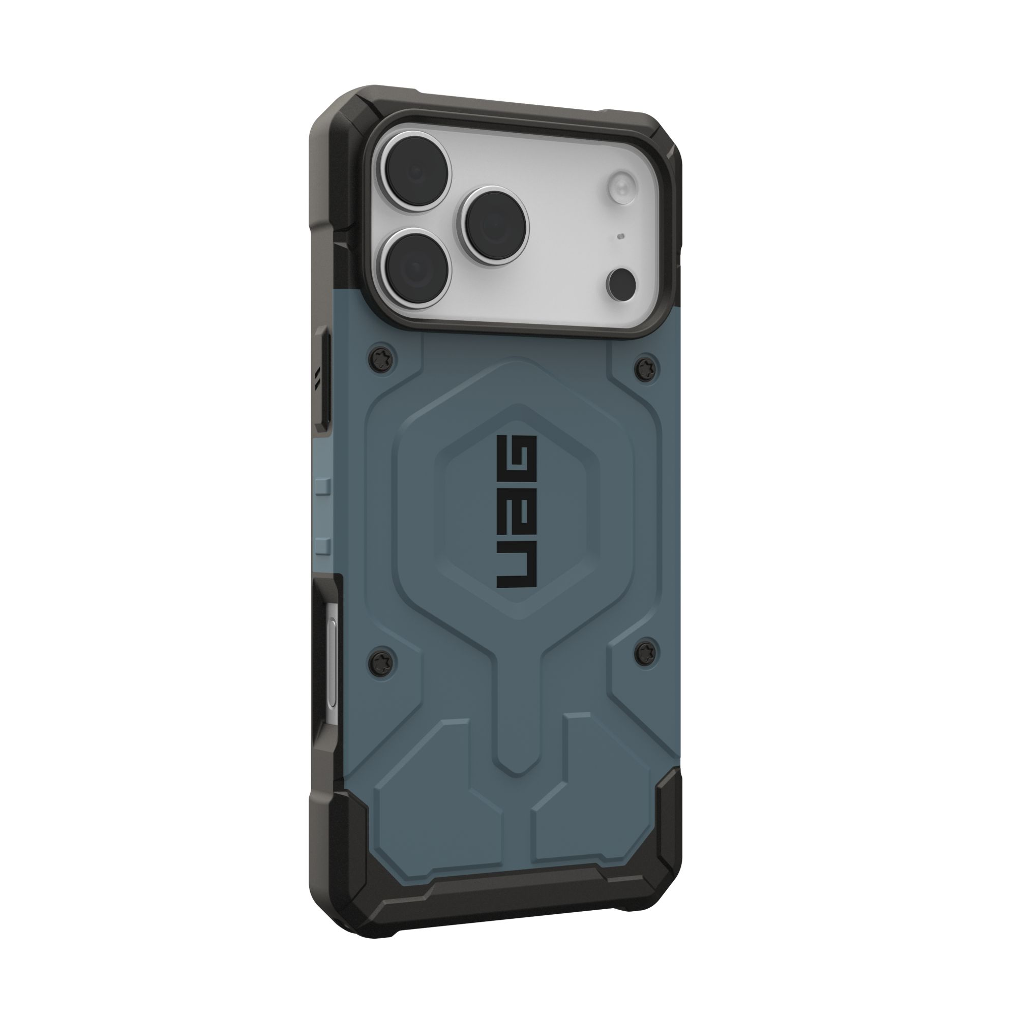 Eine tealfarbene Handyhülle mit schwarzen Akzenten. Sie hat das UAG-Logo und ein Kameramodul.