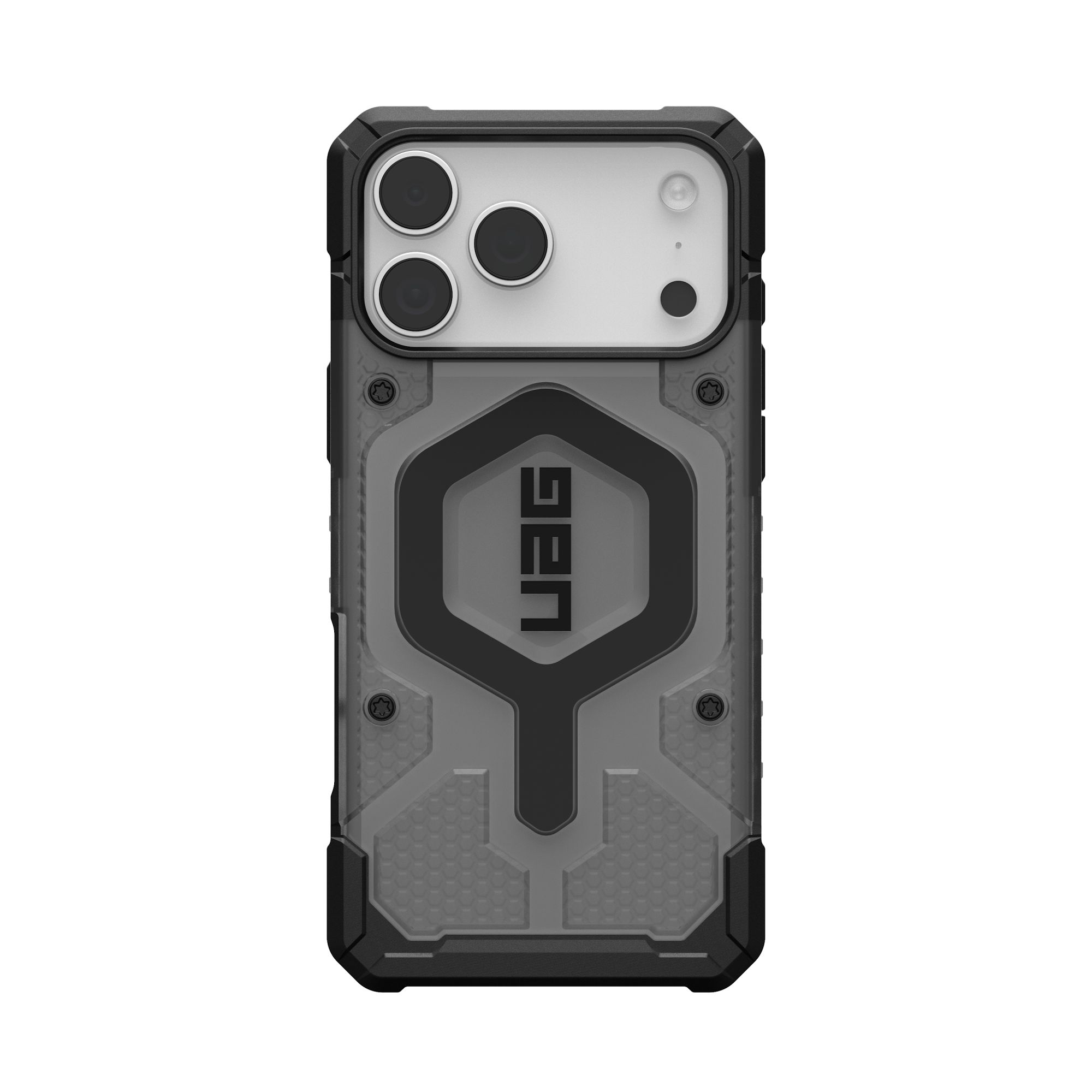Eine iPhone-Hülle mit schwarzem und grauem Design. Sie verfügt über ein UAG-Logo, drei Kameralinsen und eine Schutzaußenschale.