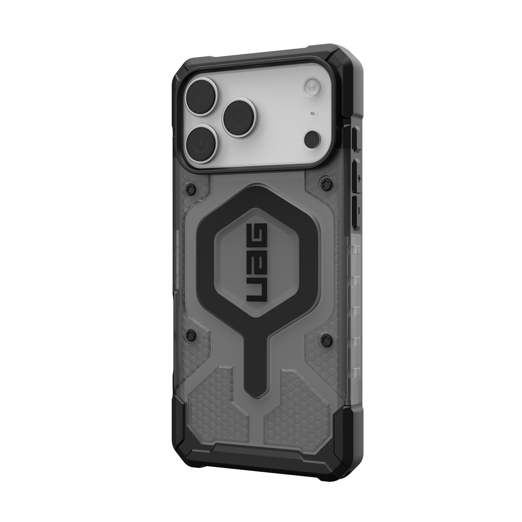 Eine schwarz-graue Handyhülle mit dem UAG-Logo. Sie hat eine transparente Rückseite und einen schwarzen Stoßfänger.