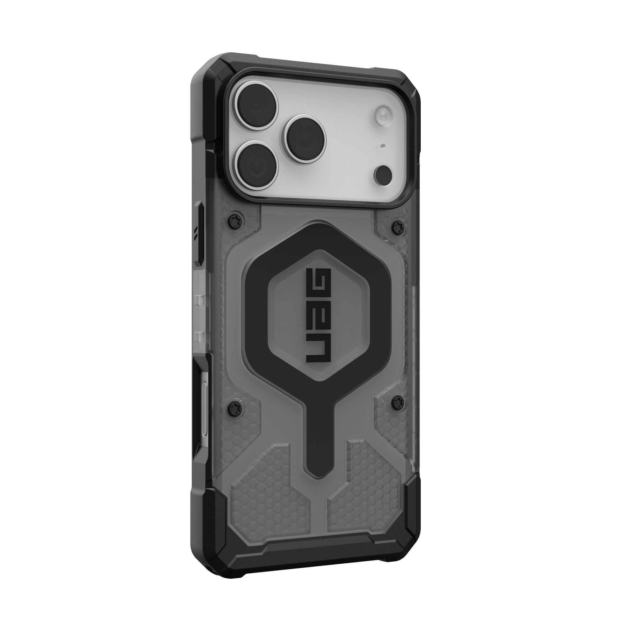 Eine schwarz-graue Handyhülle mit UAG-Logo. Die Hülle hat ein Schutzdesign und bedeckt die Kamera des Telefons.