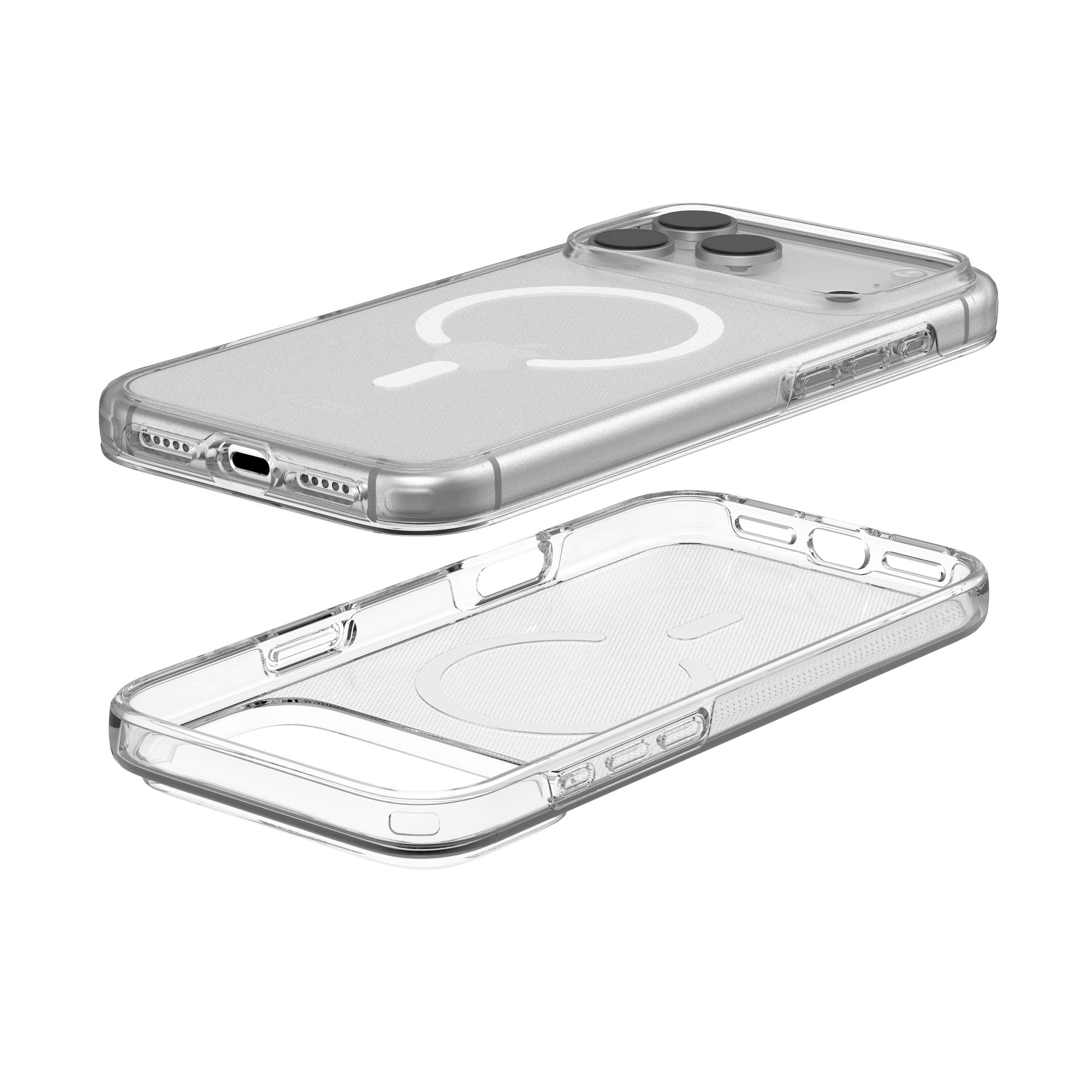 Zwei transparente Handyhüllen werden gezeigt. Eine ist offen, die andere hat ein Telefon. Beide haben MagSafe-Kreise.