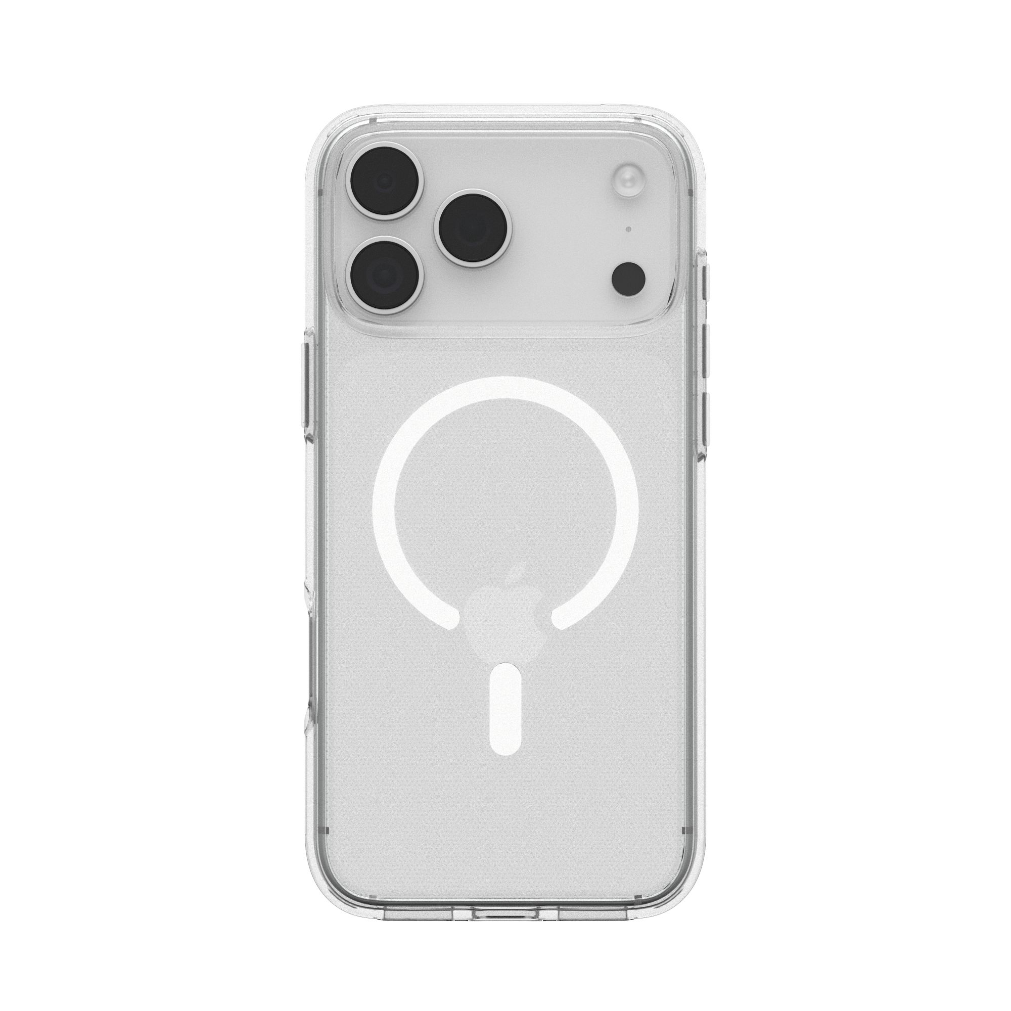 Transparente iPhone-Hülle mit Kameraanordnung und weißem MagSafe-Ring und Apple-Logo.