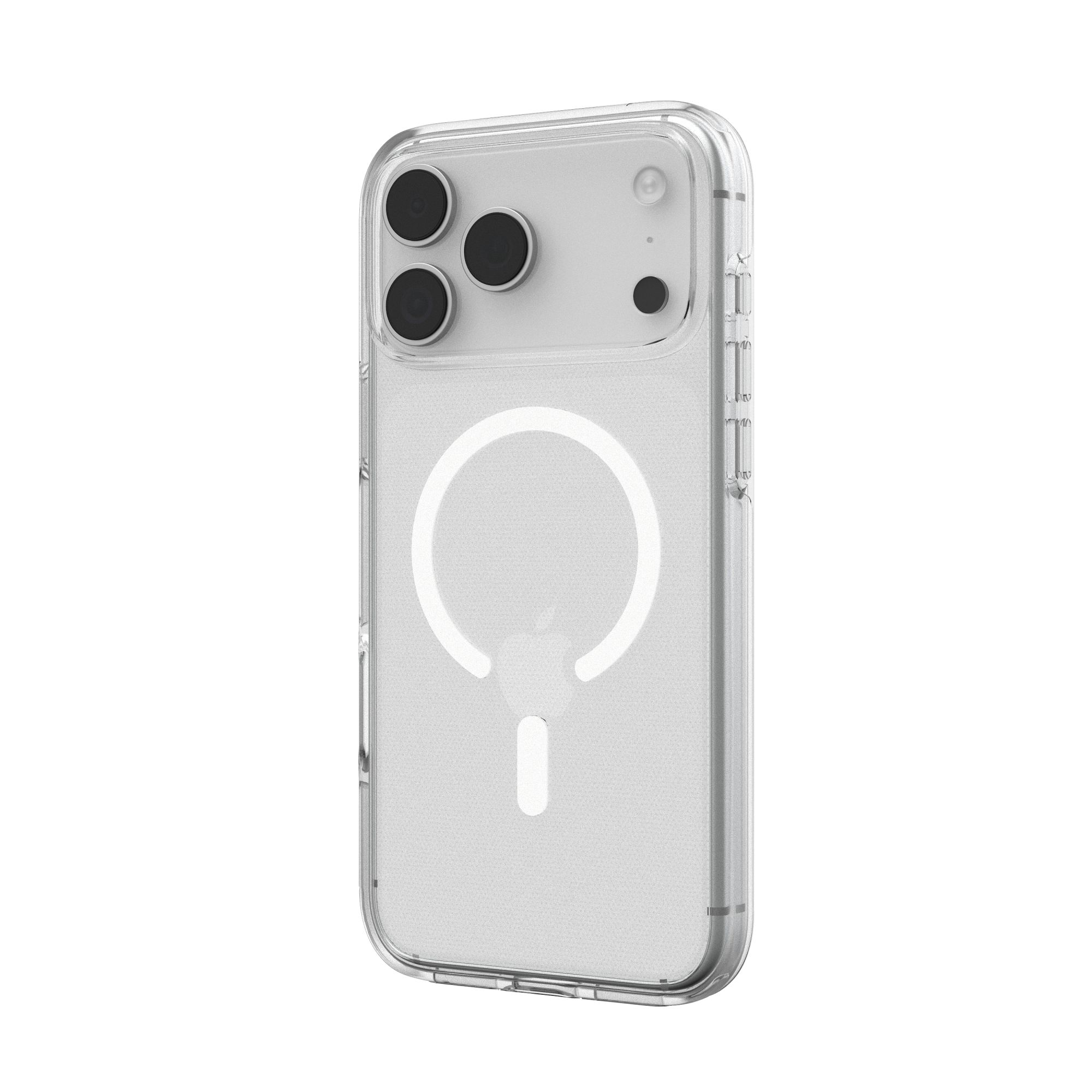 Transparente iPhone-Hülle mit Kameraausschnitten. Mit weißem MagSafe-Kreis und Apple-Logo. Die Hülle ist durchsichtig.