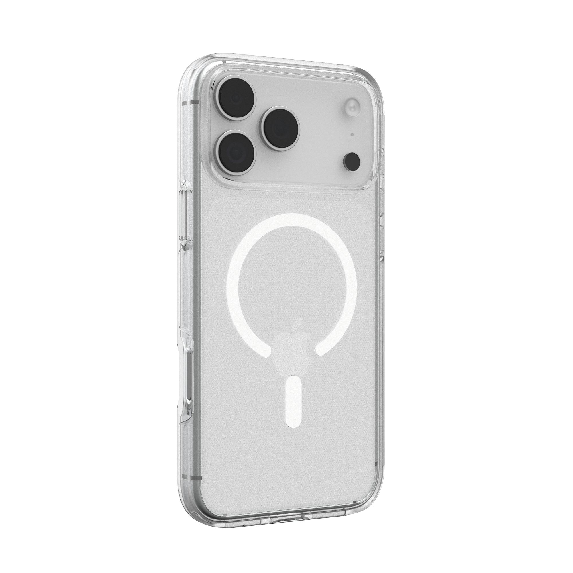 Transparente Handyhülle mit Kameraausschnitten und Apple-Logo auf weißem Hintergrund.