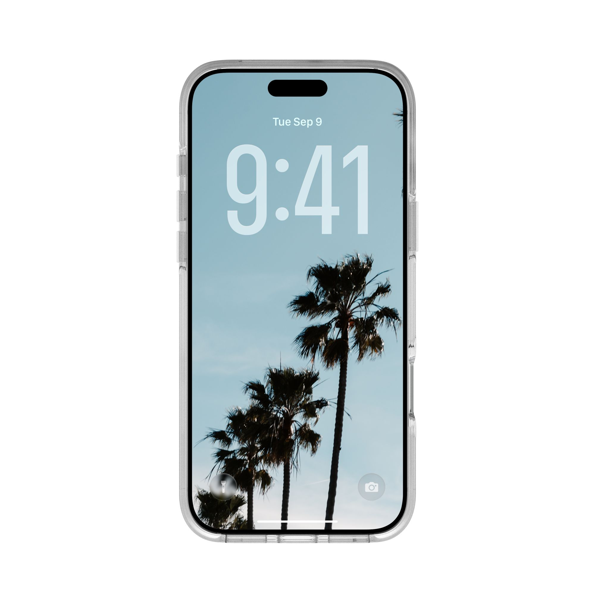 Ein Telefon zeigt eine Palmenlandschaft. Die Uhrzeit ist 9:41 Uhr am Dienstag, 9. September. Das Telefon hat eine transparente Hülle.