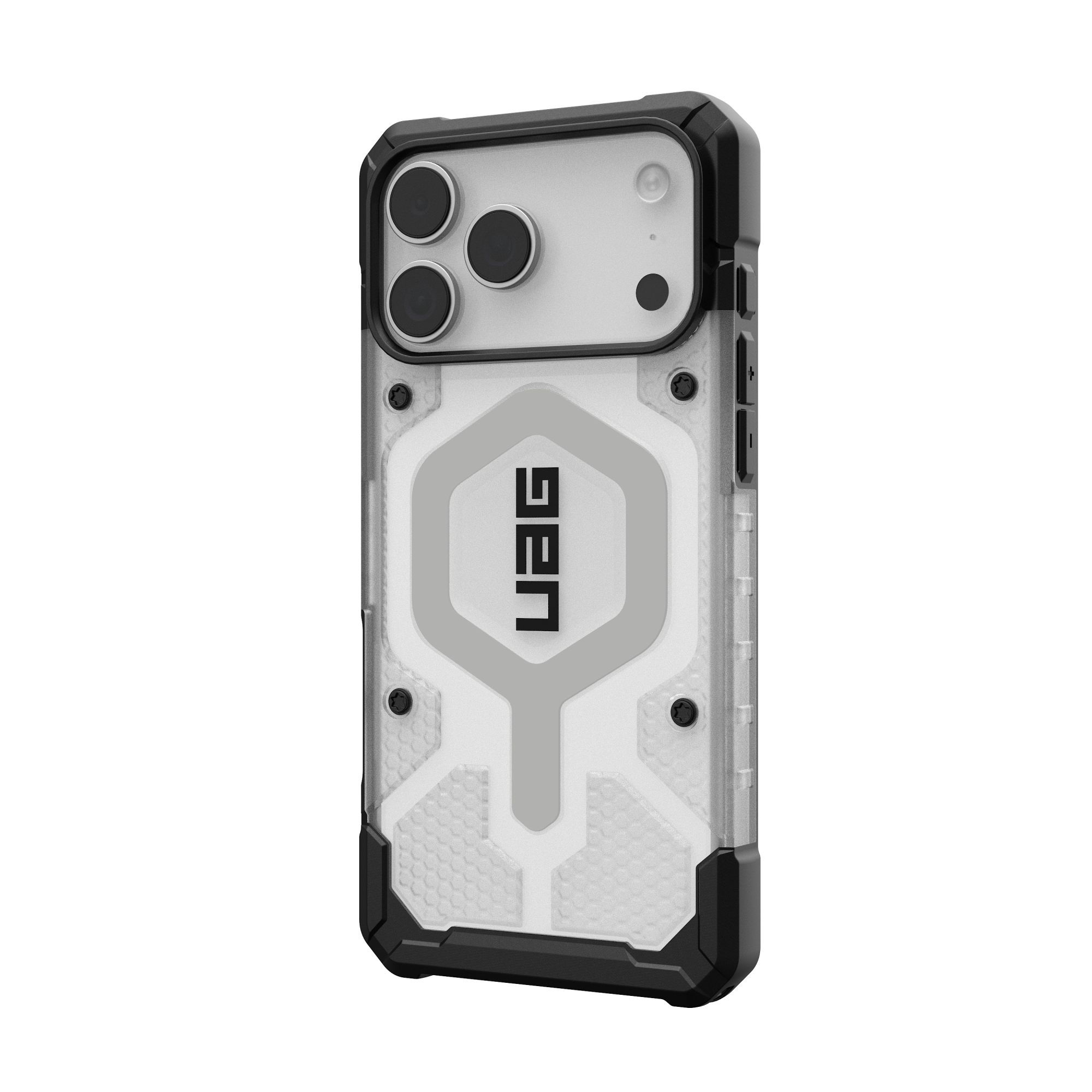 Eine klare und schwarze Handyhülle. Sie hat ein UAG-Logo in der Mitte. Die Hülle hat schwarze Ecken und Seitentasten.