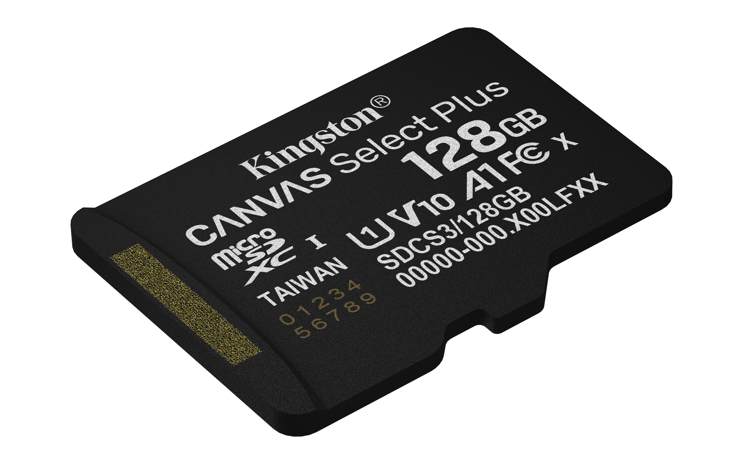 Eine schwarze Kingston 128GB SD-Karte. Text enthält 'CANVAS Select Plus', 'micro SDXC I' und 'TAIWAN'.