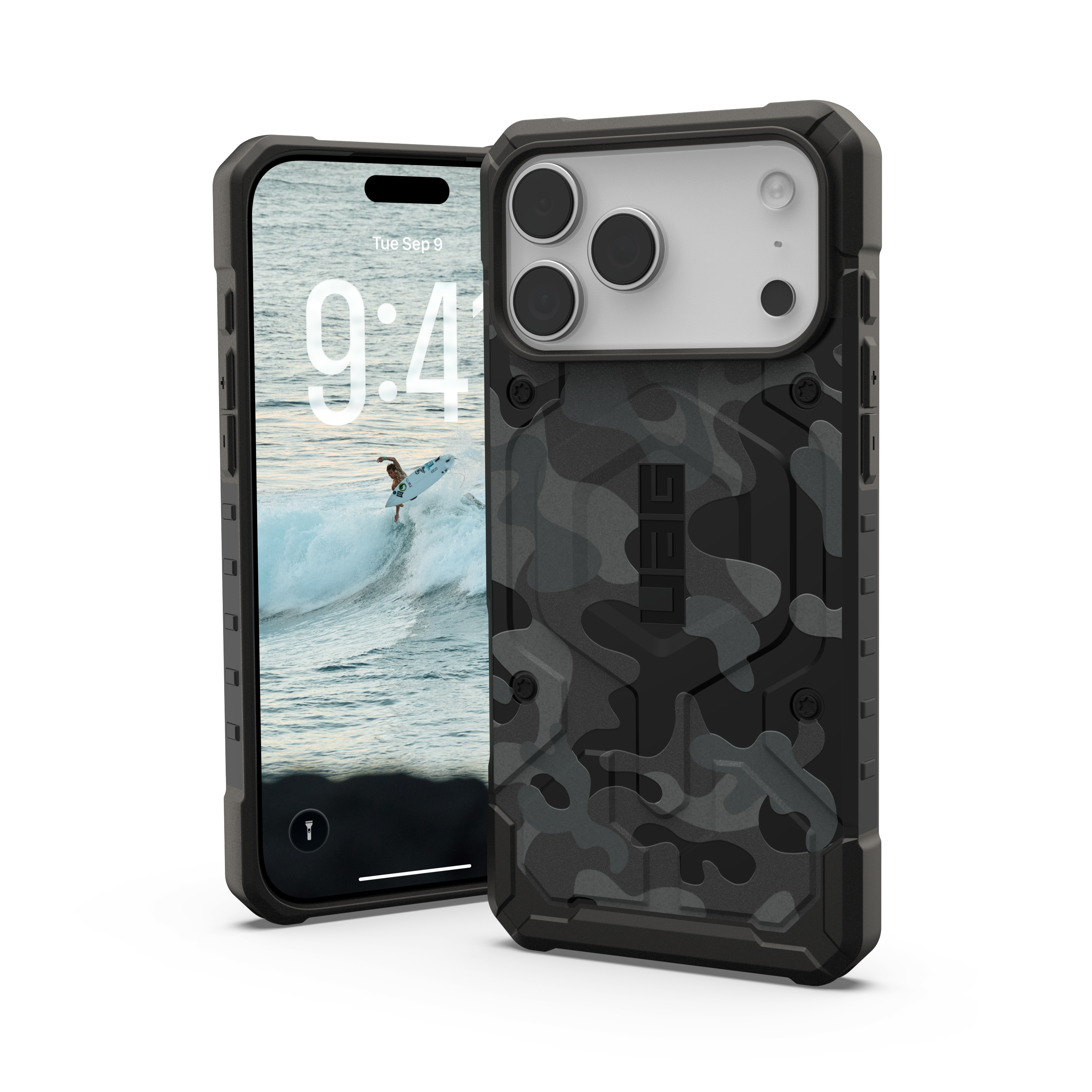 Ein iPhone mit einer schwarz-grauen Tarnhülle. Der Bildschirm zeigt einen Surfer auf einer Welle. Die Uhrzeit ist 9:41.