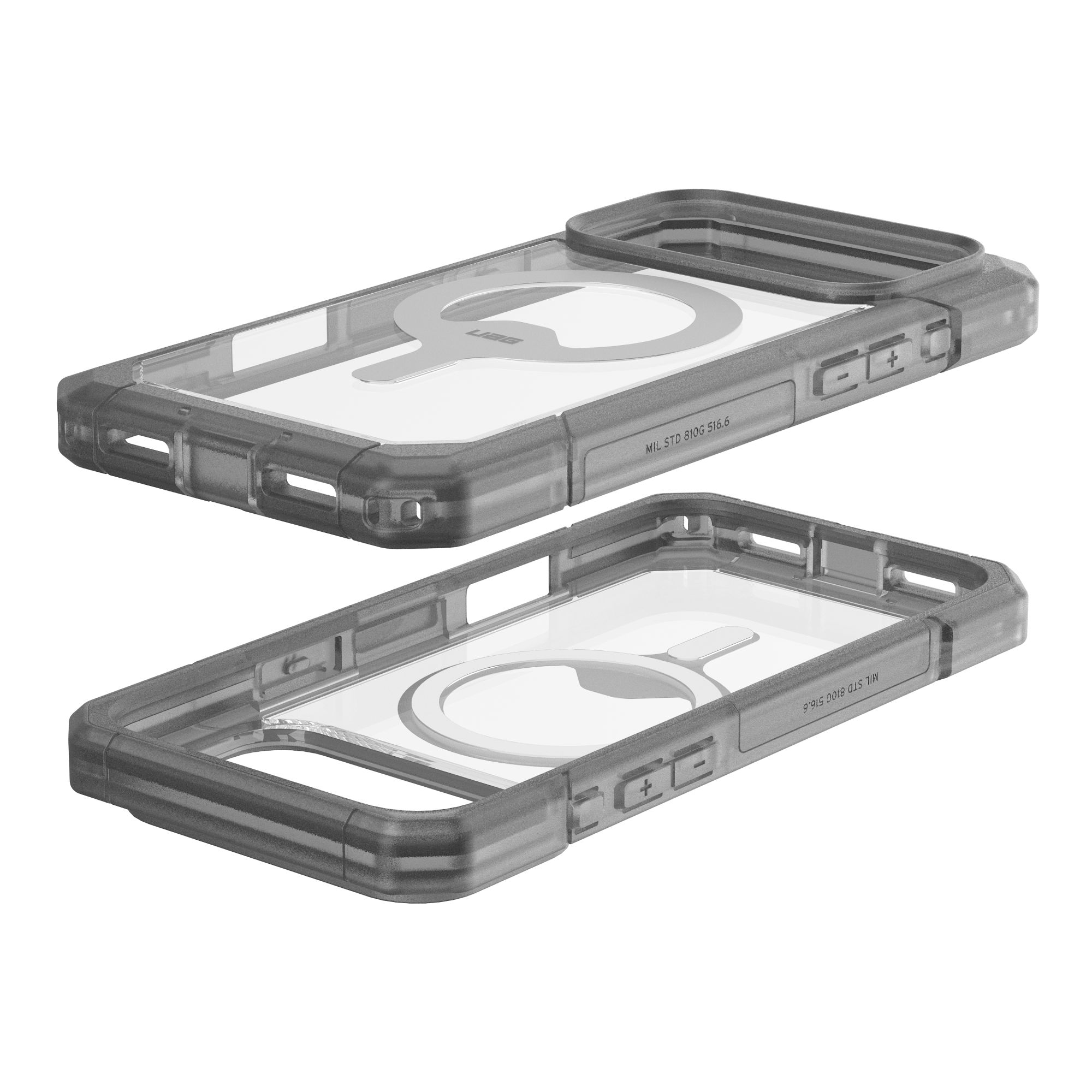 Zwei klare, graue Handyhüllen. Eine Hülle liegt über der anderen. Beide Hüllen haben ein kreisförmiges Design in der Mitte.