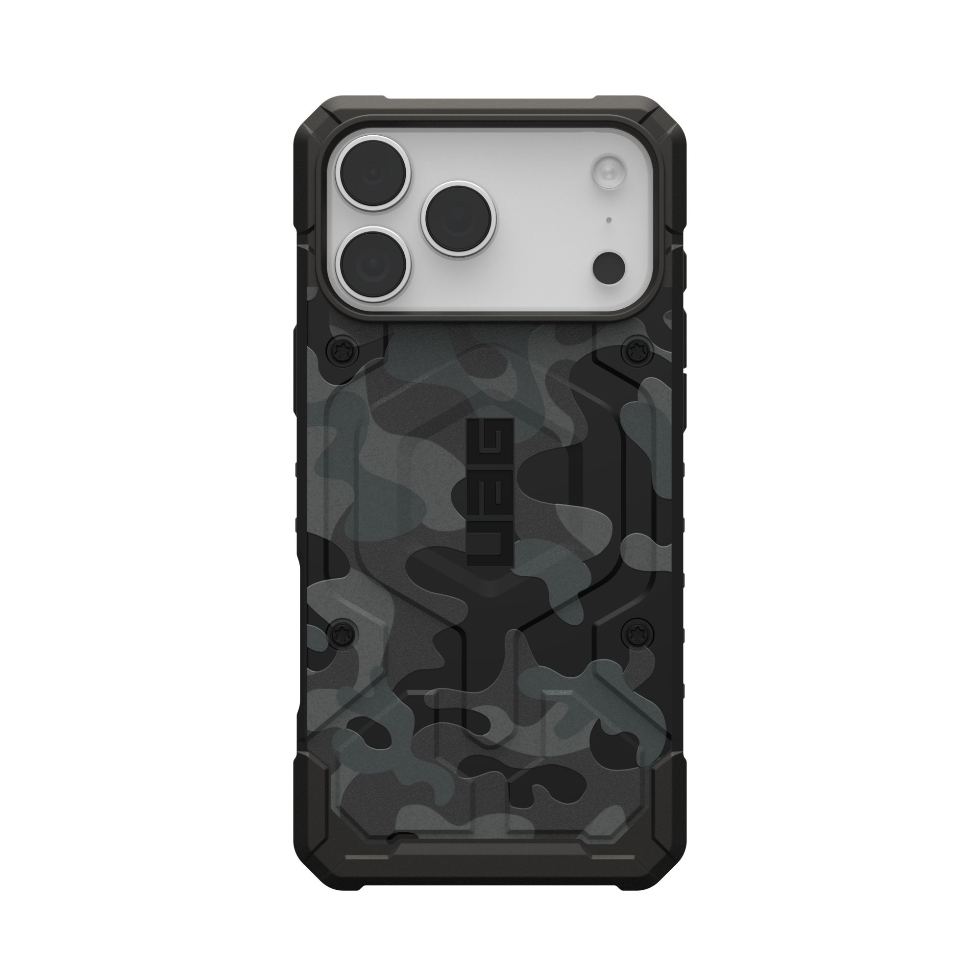 Eine schwarz-graue Camouflage-Handyhülle mit drei Kameralinsen und dem UAG-Logo.