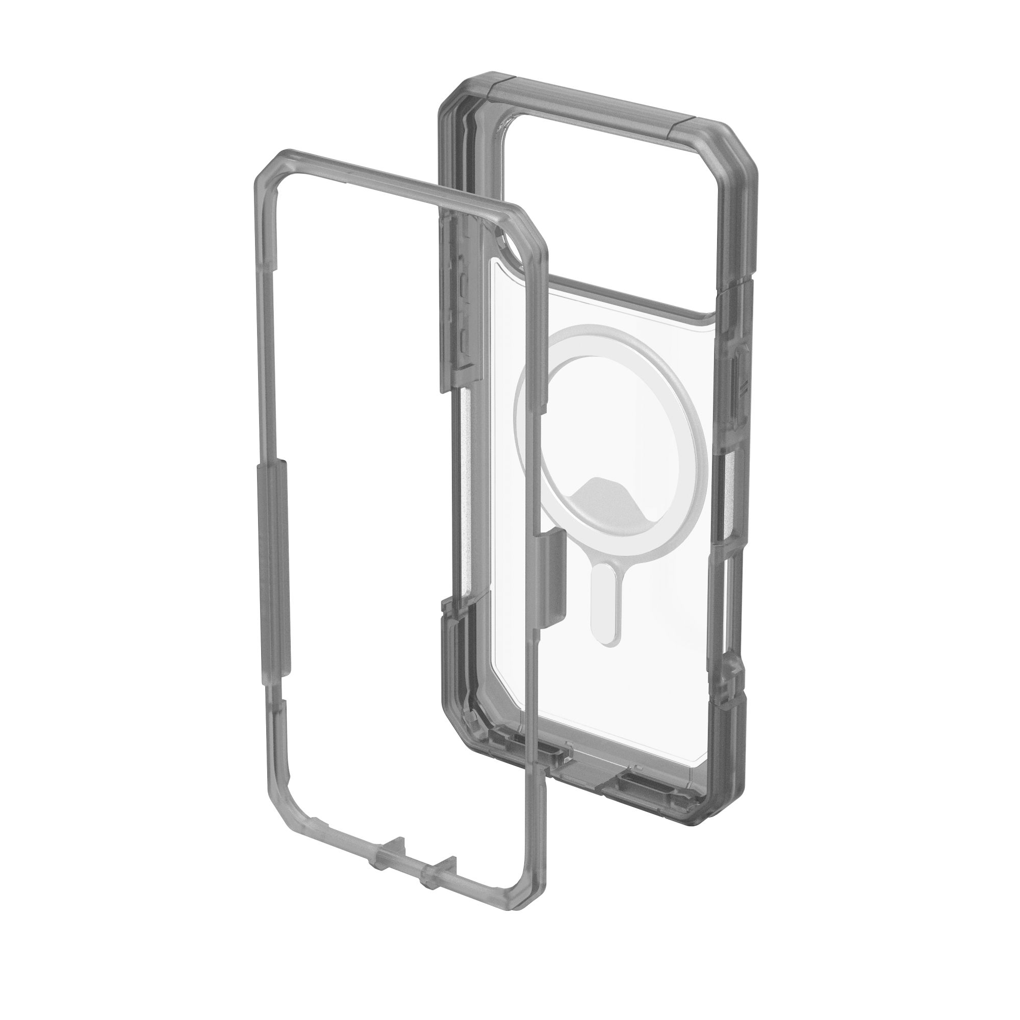 Transparente Handyhülle mit abnehmbarem Rahmen. Die Haupthülle hat einen weißen Kreis mit einem kleineren Kreis darin.