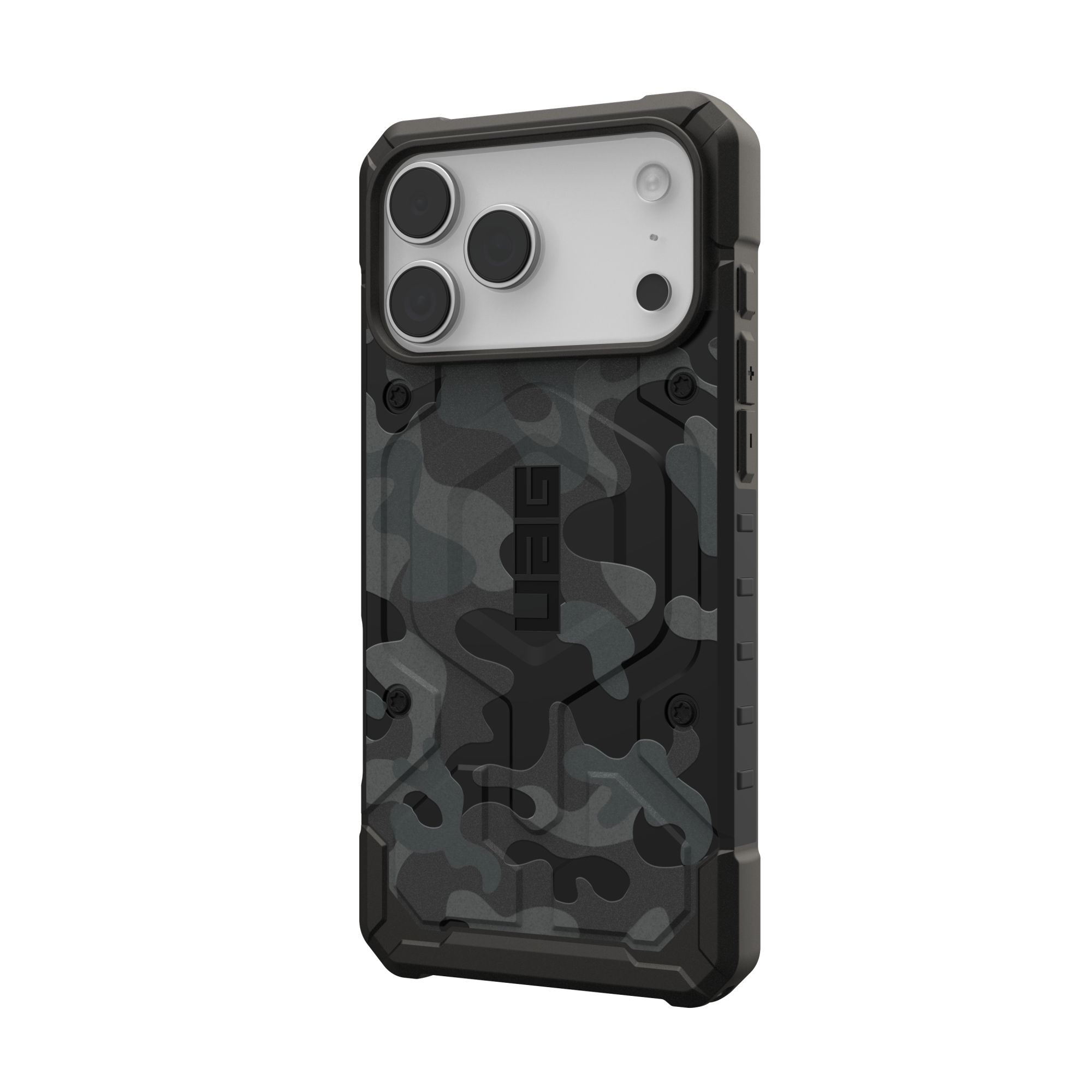 Eine schwarz-graue Camouflage-Handyhülle mit Kameraausschnitt, UAG-Logo und robustem Design.