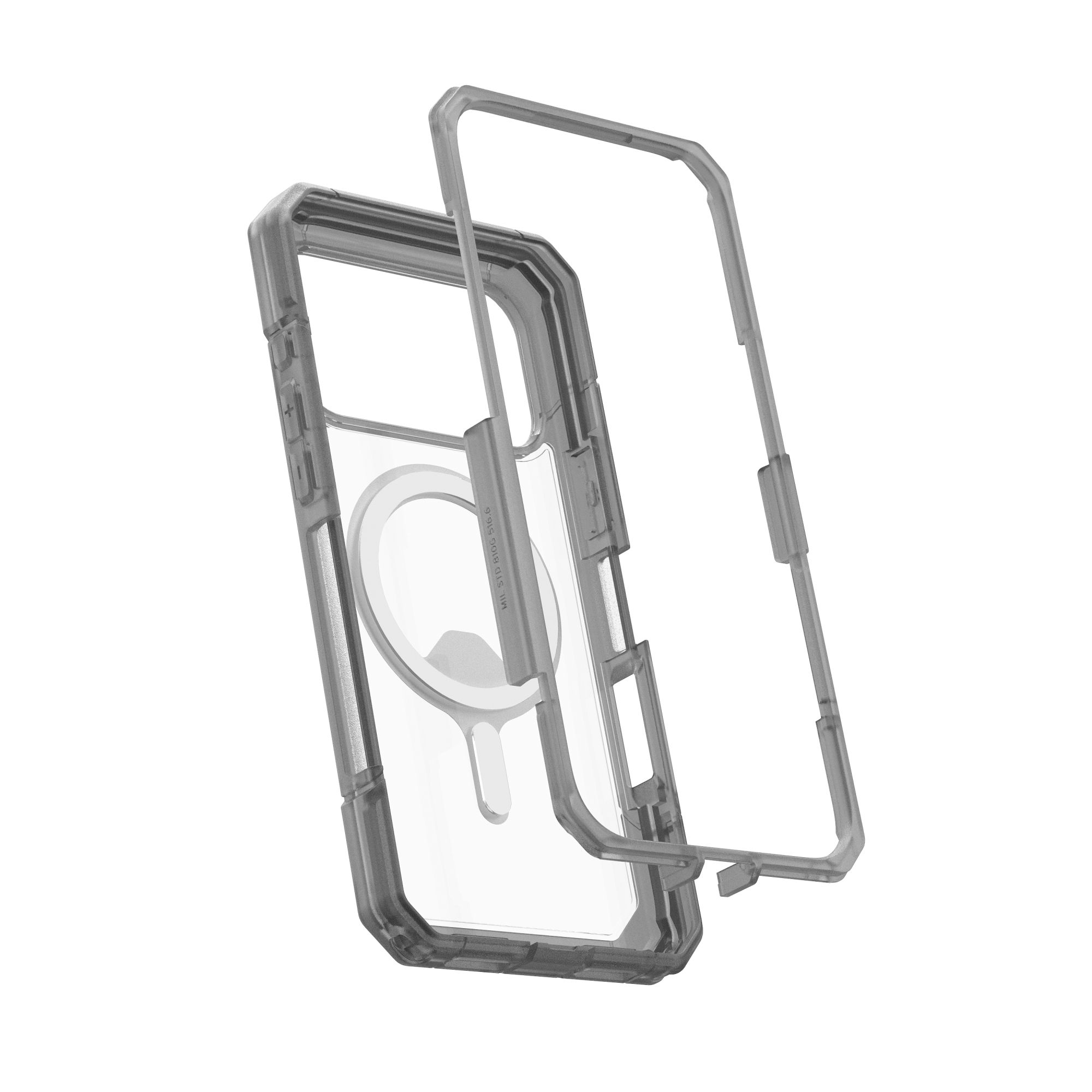 Transparente Handyhülle mit abnehmbarem Rahmen. Die Hülle hat einen Magnetring. Der Rahmen ist grau und abgenommen.