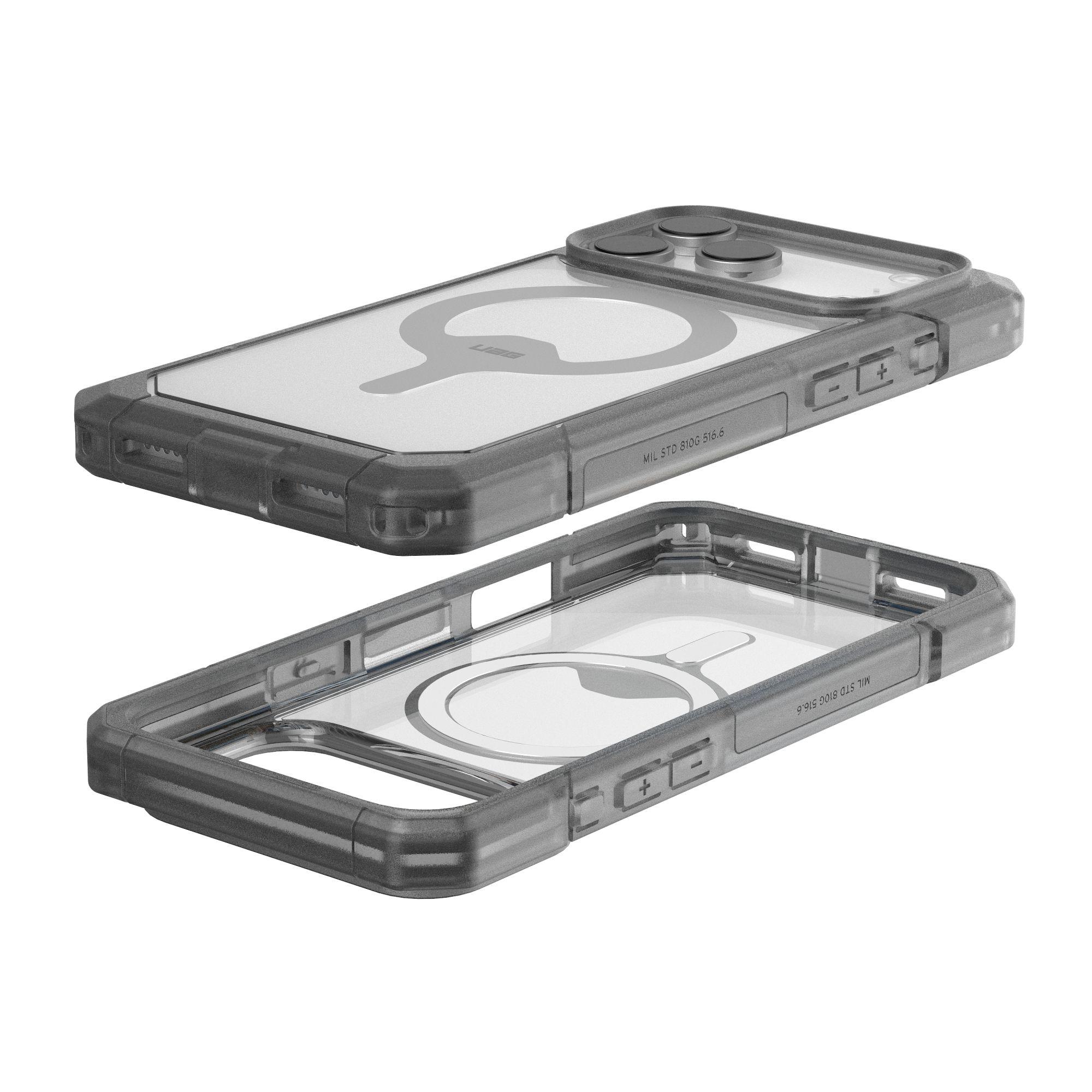 Zwei transparente Handyhüllen, eine über der anderen, mit grauem Rahmen und Knöpfen. Die Hüllen sind für ein Smartphone.