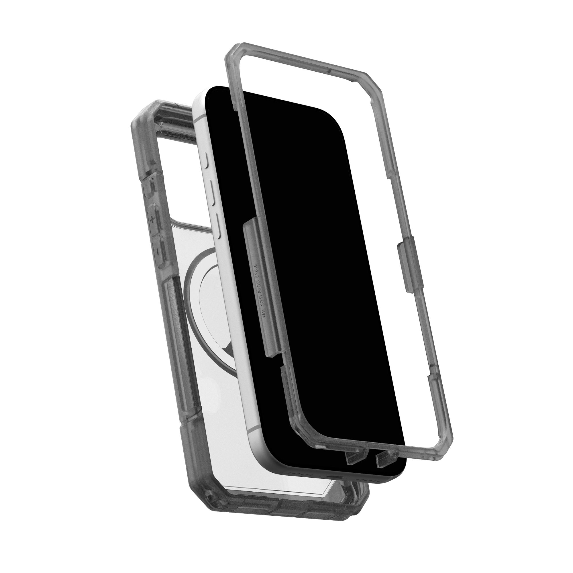 Telefonhülle mit schwarzem Bildschirm, transparentem Rahmen und grauem Stoßfänger. Es ist zerlegt und zeigt das Telefon und seine Komponenten.