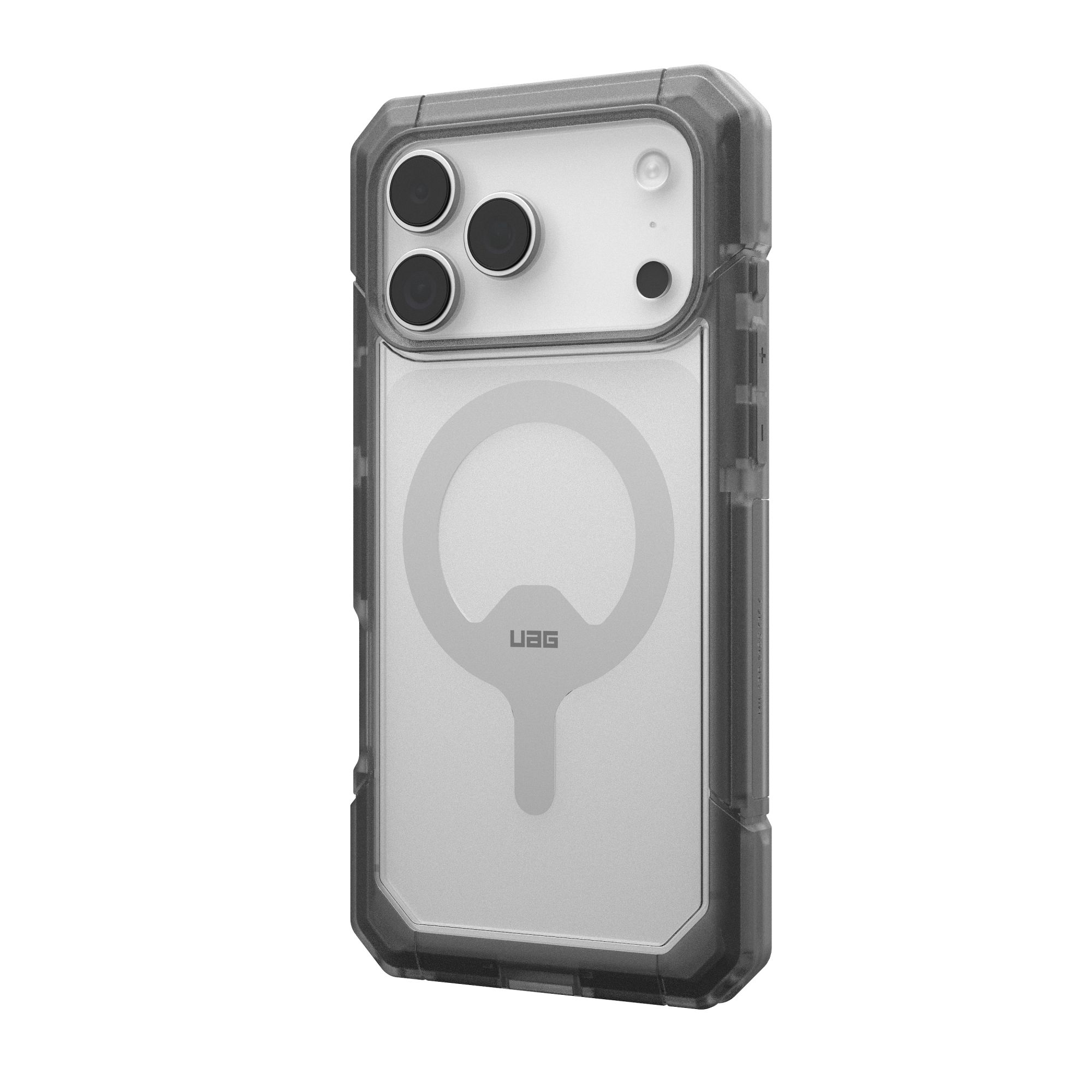 Transparente iPhone-Hülle mit grauem Rahmen. Sie hat drei Kameralinsen und einen MagSafe-Ring.