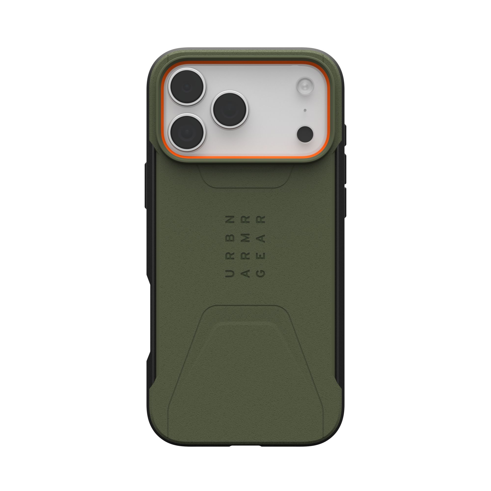 Coque de téléphone vert olive avec des touches noires. Texte URBN ARMOR GEAR visible. Zone caméra avec bord orange et lentilles noires.