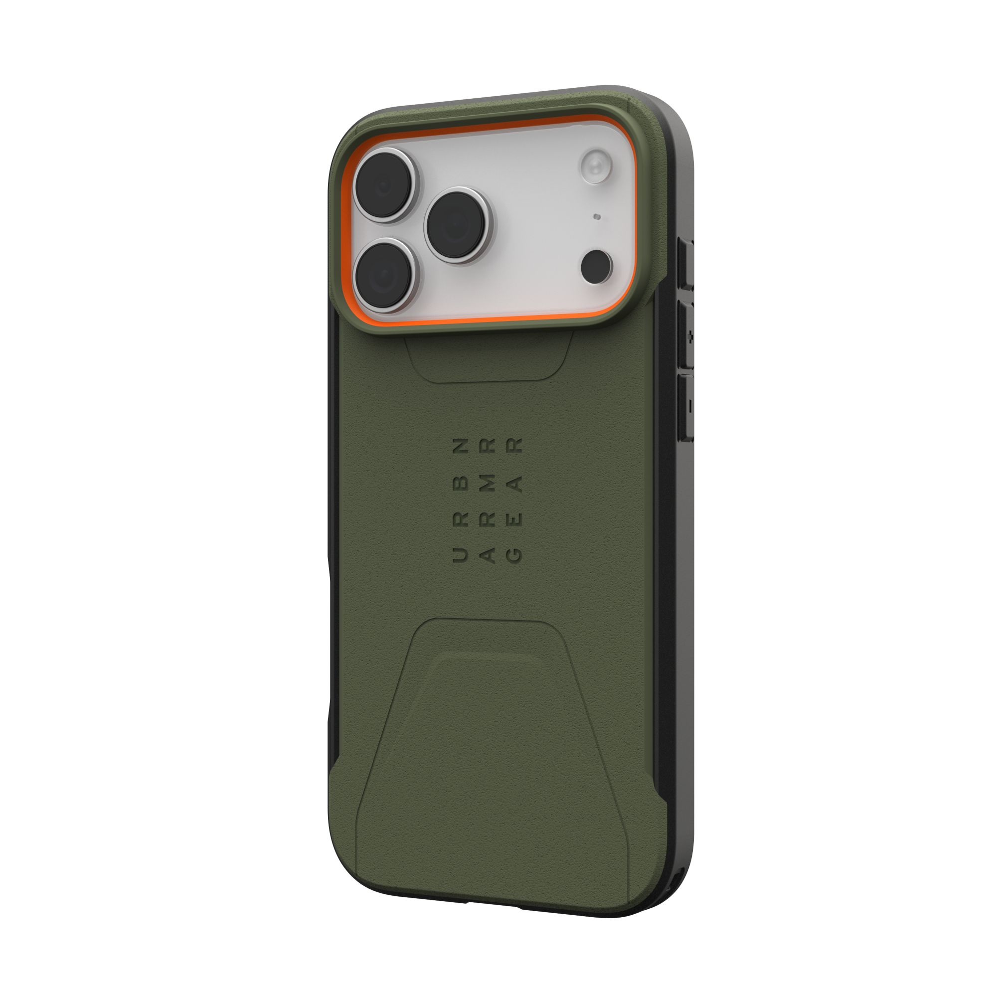 Une coque de téléphone verte avec des accents noirs et oranges. Elle comporte des découpes pour la caméra et le texte 'URBN ARMOR GEAR'.