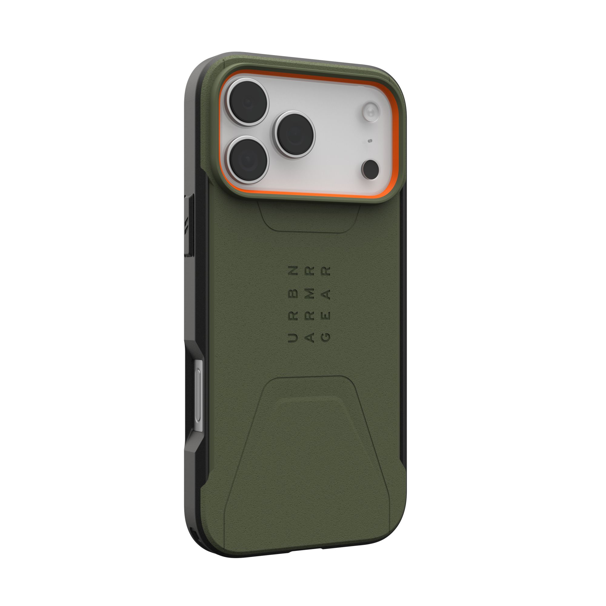 Une coque de téléphone vert olive avec des accents noirs. Elle possède trois lentilles de caméra et la marque URBN ARMOR GEAR.