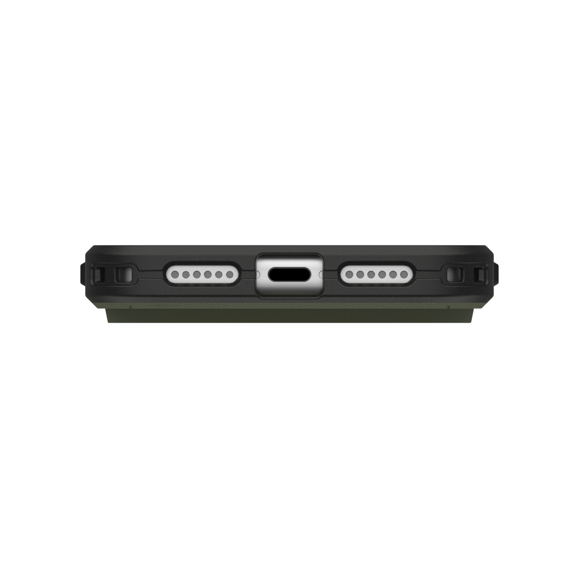 Gros plan du bas d'un étui de téléphone noir et vert. Il comporte des trous, un port de charge et un design protecteur.