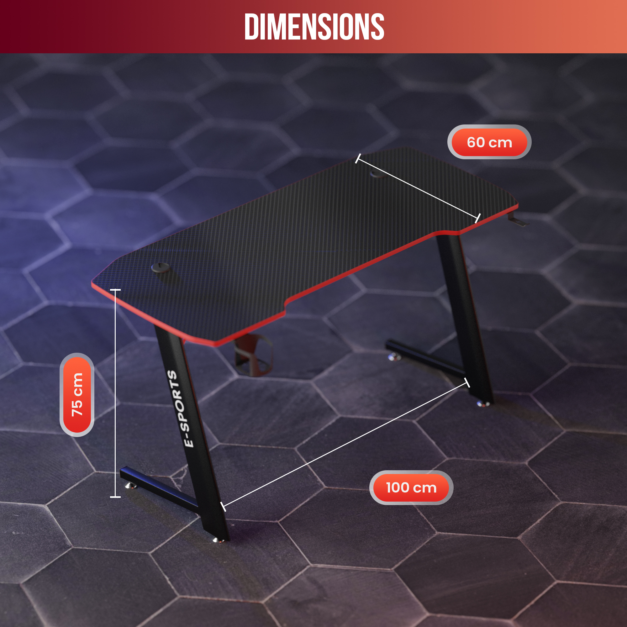 Een zwarte gamingtafel met rode rand wordt getoond, afmetingen zijn 75 cm hoog, 100 cm lang en 60 cm breed. De vloer is betegeld.