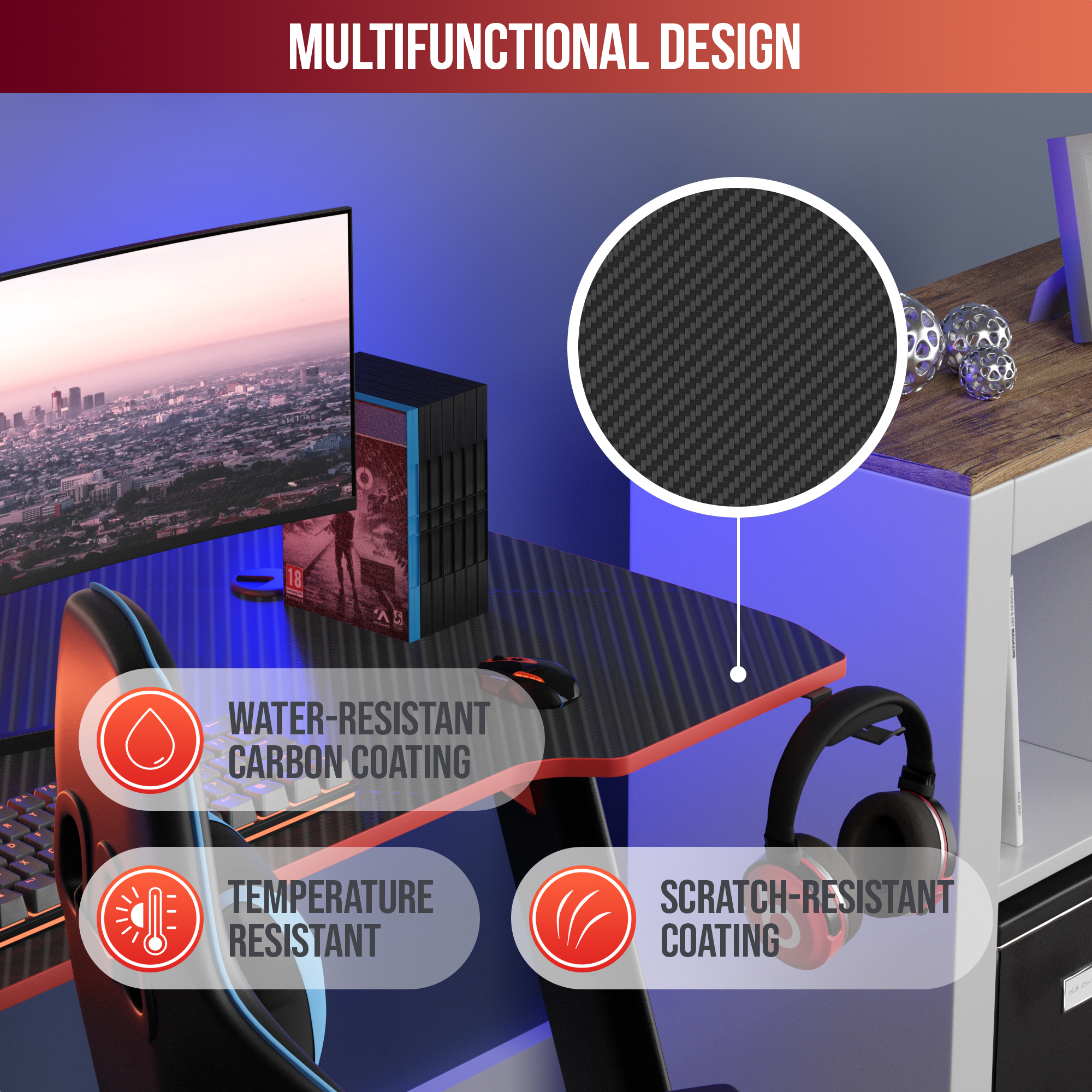 Gaming setup met monitor, pc, stoel en bureau. Kenmerken zijn carbon coating, temperatuurbestendigheid en krasbestendigheid.