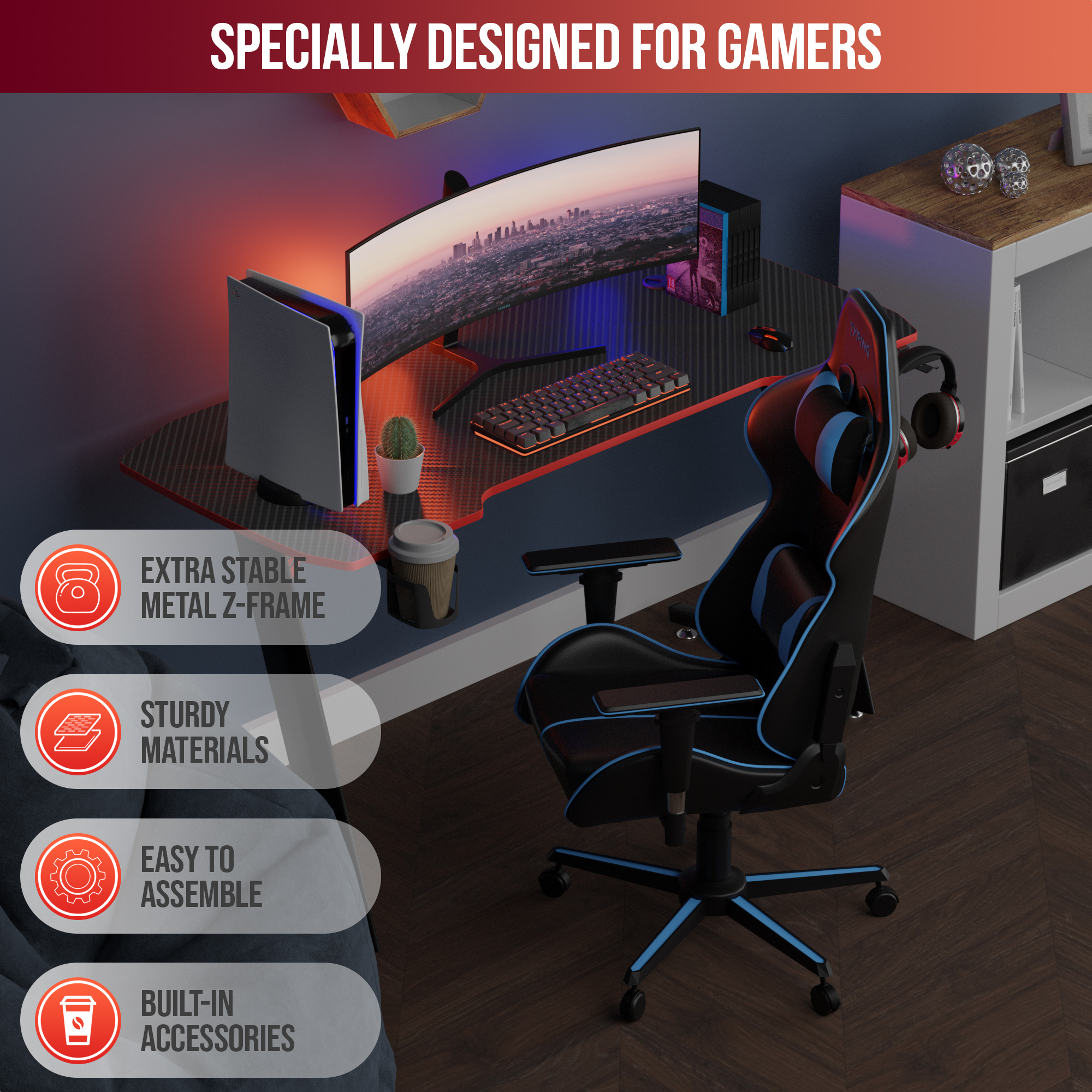 Een gaming-opstelling met een stoel, bureau, monitor en accessoires. Kleuren zijn zwart, blauw en rood. De tekst zegt: 'Speciaal ontworpen voor gamers'.