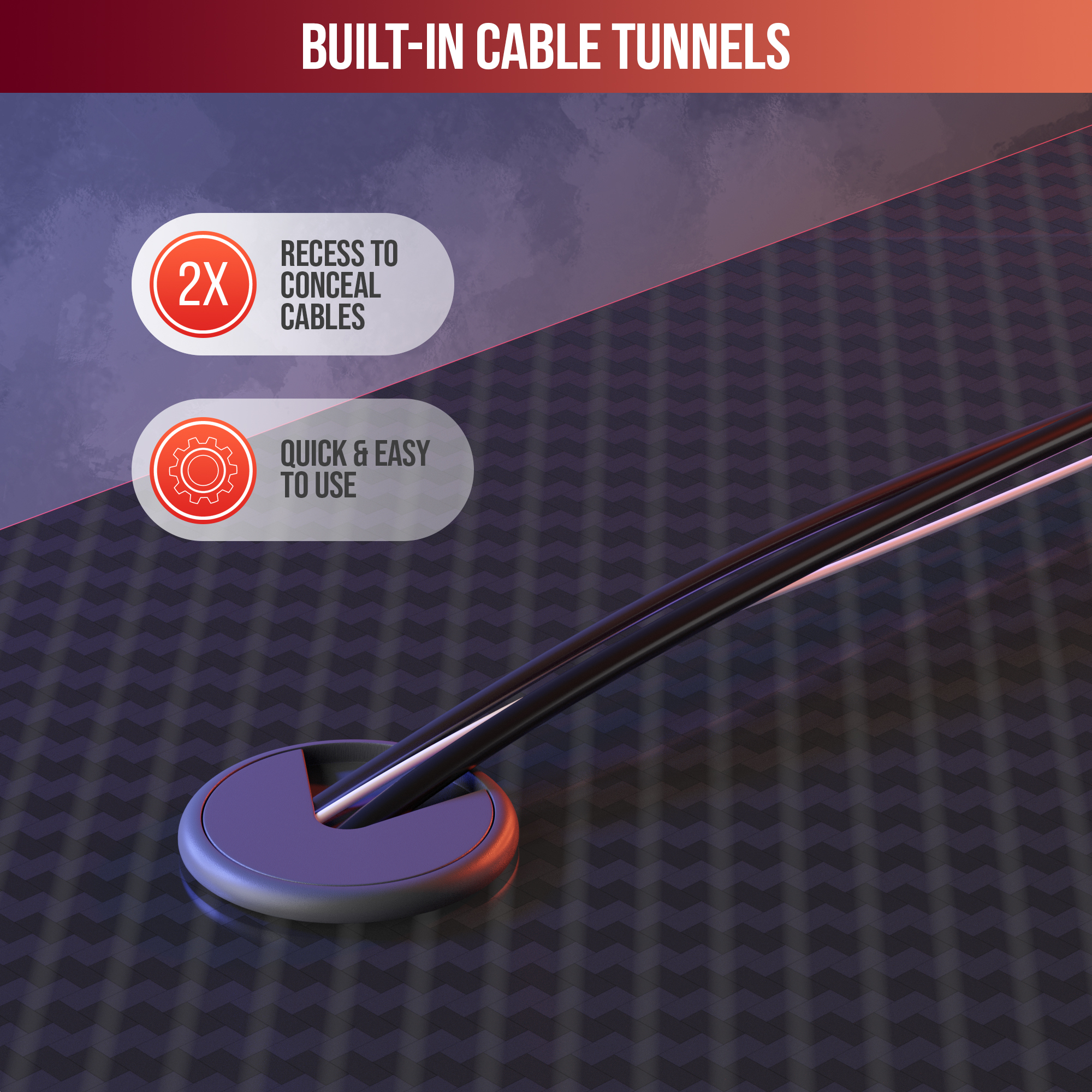 Afbeelding toont kabeltunnels met een zwarte kabel. Twee labels: uitsparing om kabels te verbergen en snel en gemakkelijk te gebruiken.