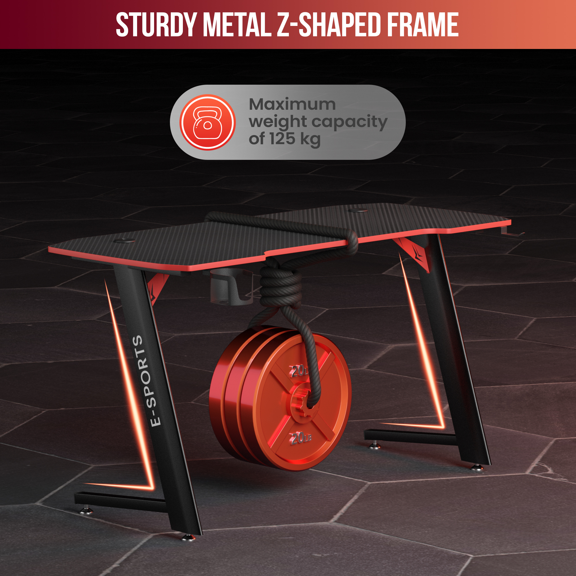 Een zwart-rode gamingtafel met een gewicht eraan. Hij heeft een maximale capaciteit van 125 kg.
