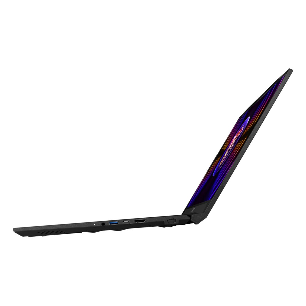 Czarny laptop jest otwarty pod kątem na białym tle. Ekran wyświetla kolorowy wzór. Bok pokazuje porty.
