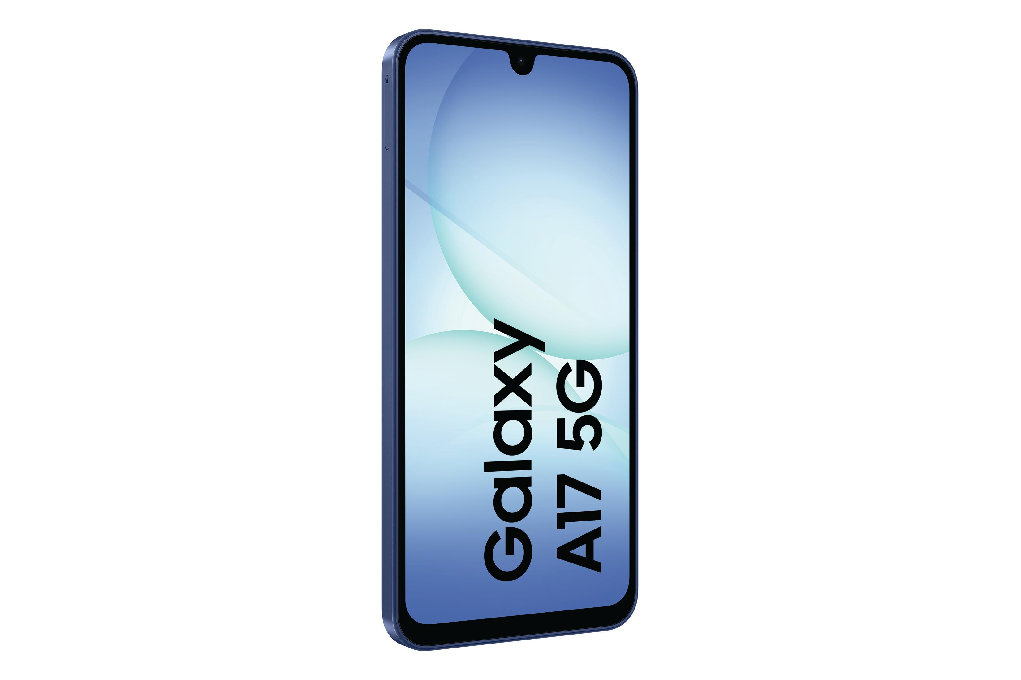 Wyświetlany jest niebieski telefon Samsung Galaxy A17 5G. Ma ekran z gradientem kolorów niebieskiego i białego.