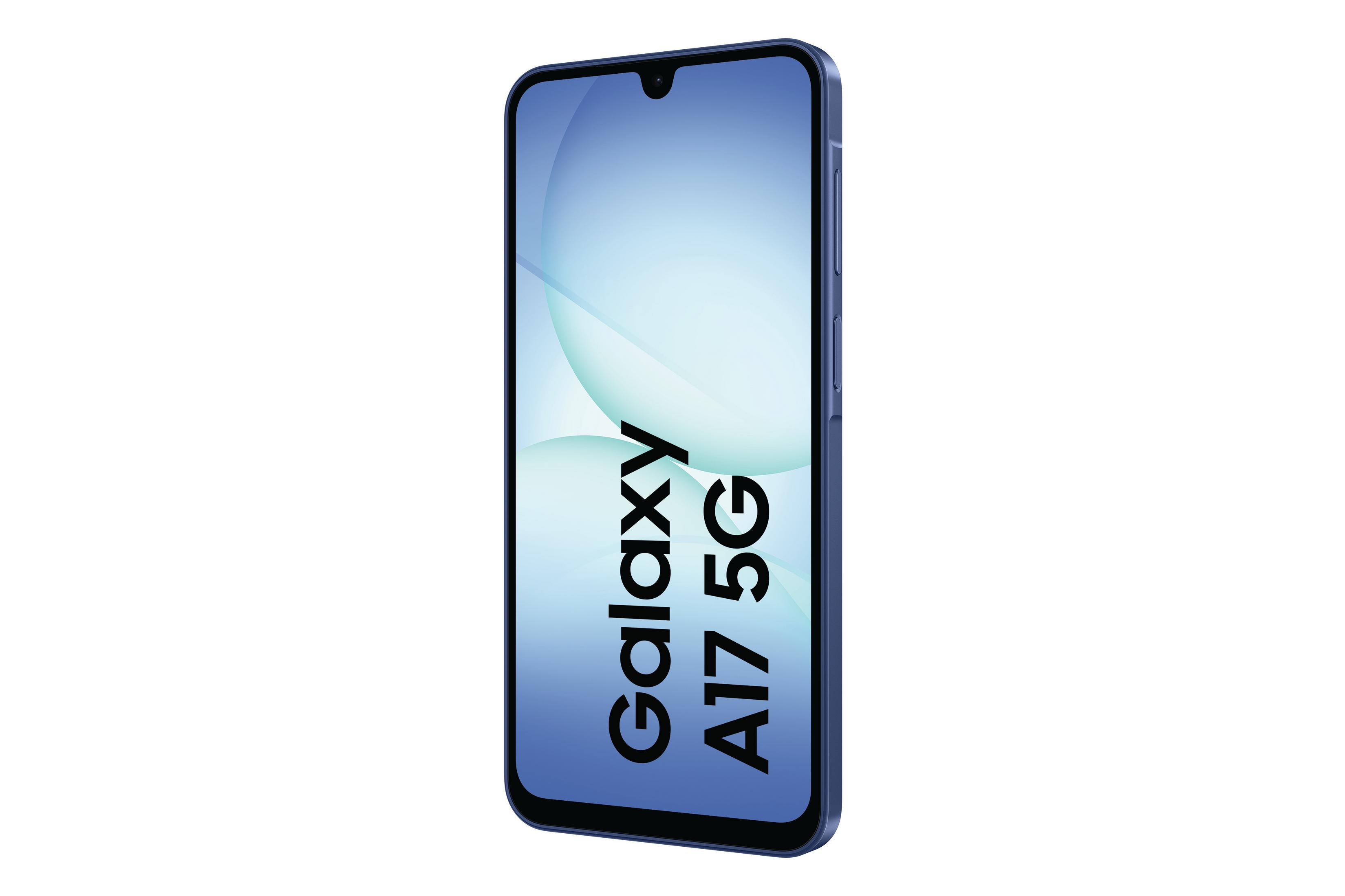 Niebieski smartfon Samsung Galaxy A17 5G, ekran z niebiesko-białym gradientem, na białym tle.