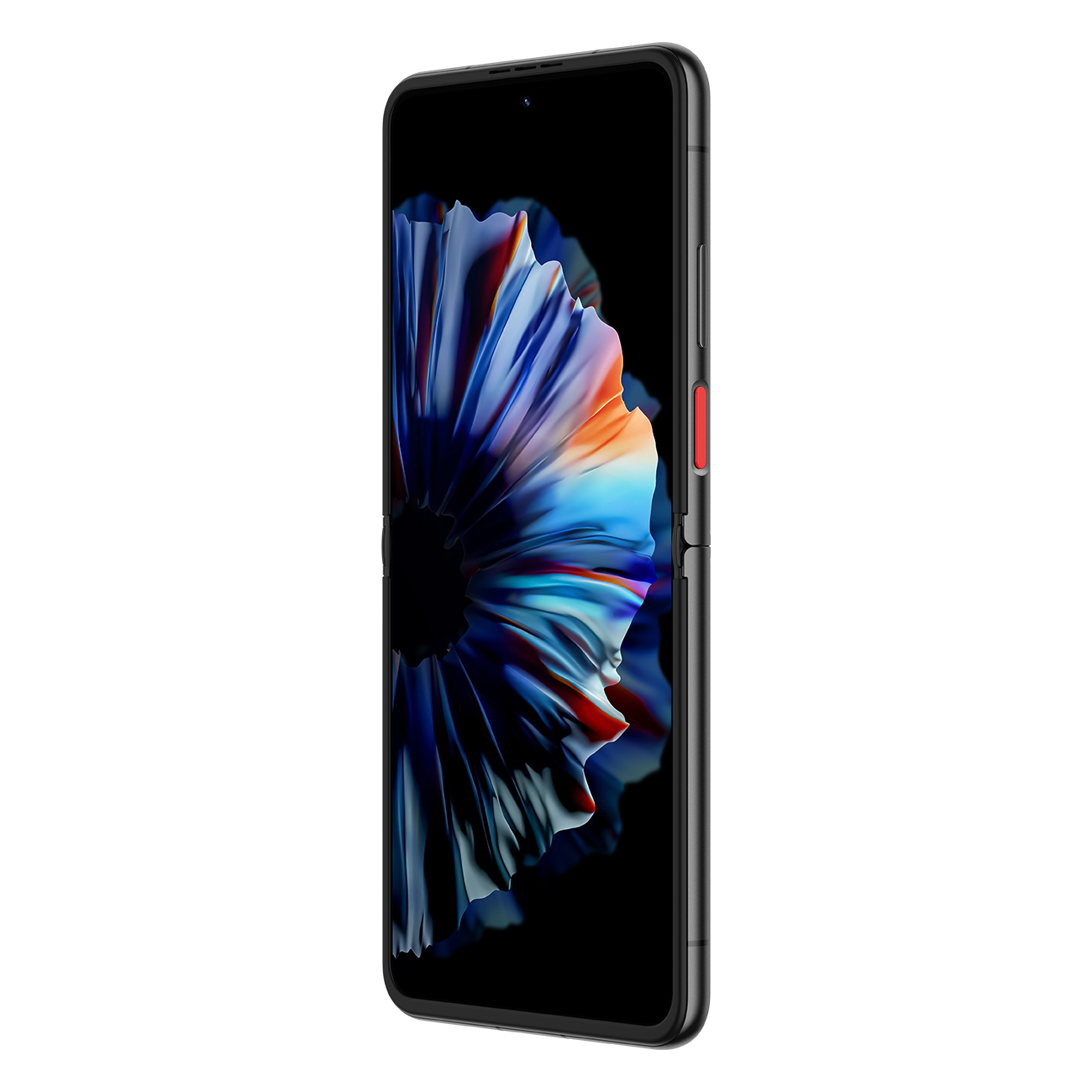 Czarny smartfon z kolorowym, abstrakcyjnym tłem. Bok ma czerwony przycisk. Telefon jest lekko przechylony.