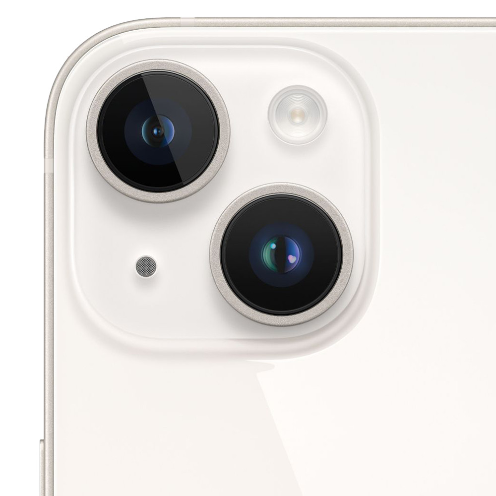 Primo piano del modulo fotocamera di uno smartphone bianco, con due obiettivi, un flash e un microfono. La cornice è bianca con bordi argentati.