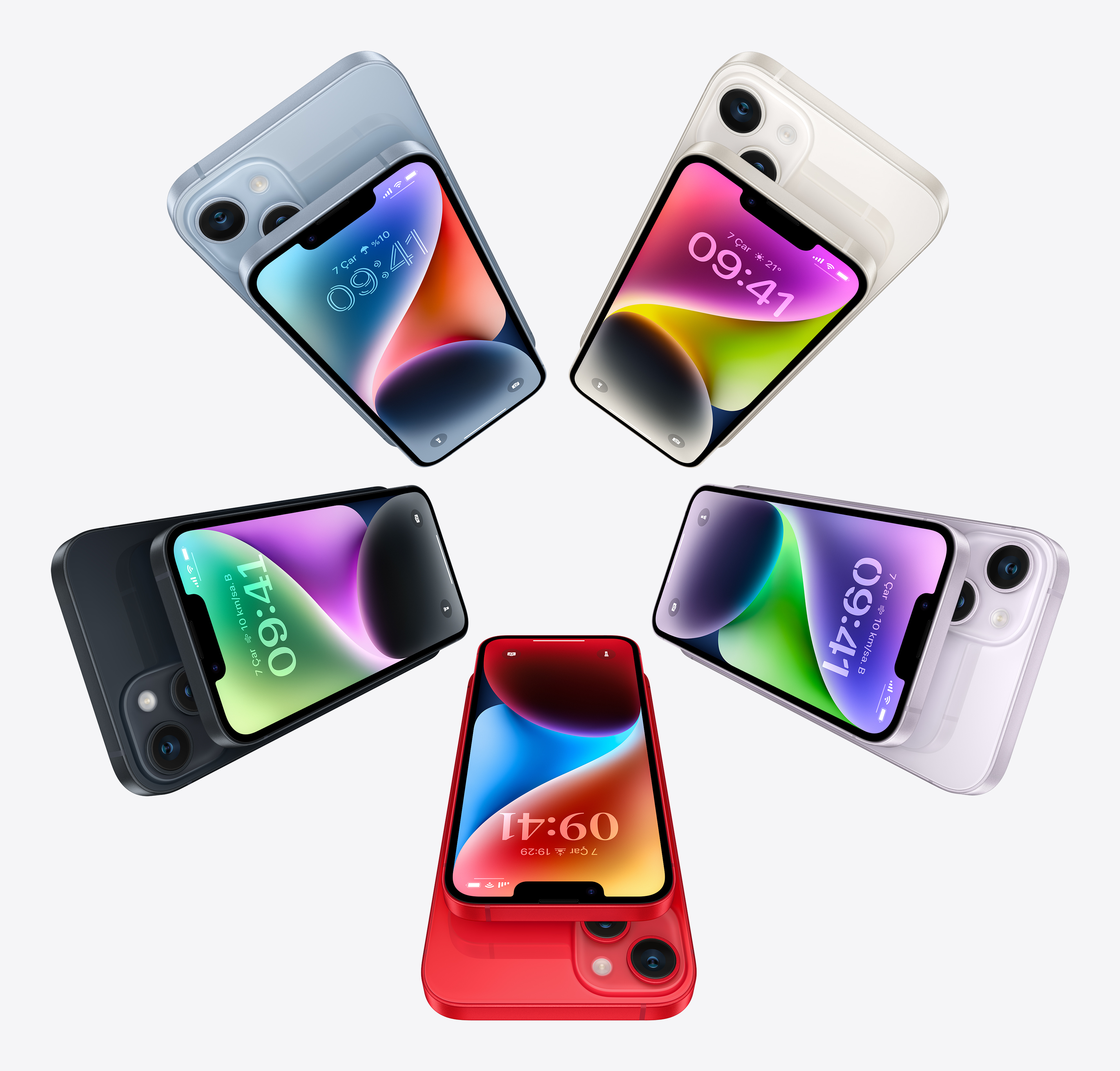 Pięć smartfonów w różnych kolorach ułożonych w okrąg. Każdy wyświetla inną godzinę i datę na ekranie.