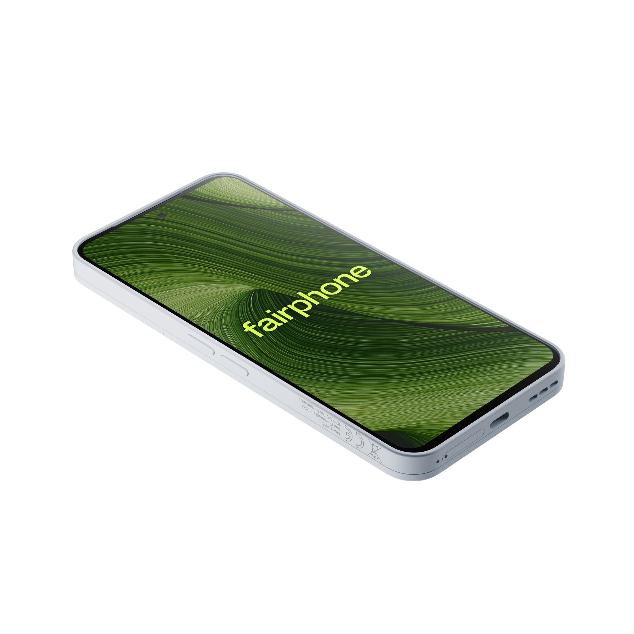 Smartfon w białej obudowie, ekran wyświetla zielony wzór wirowy ze słowem 'fairphone'.