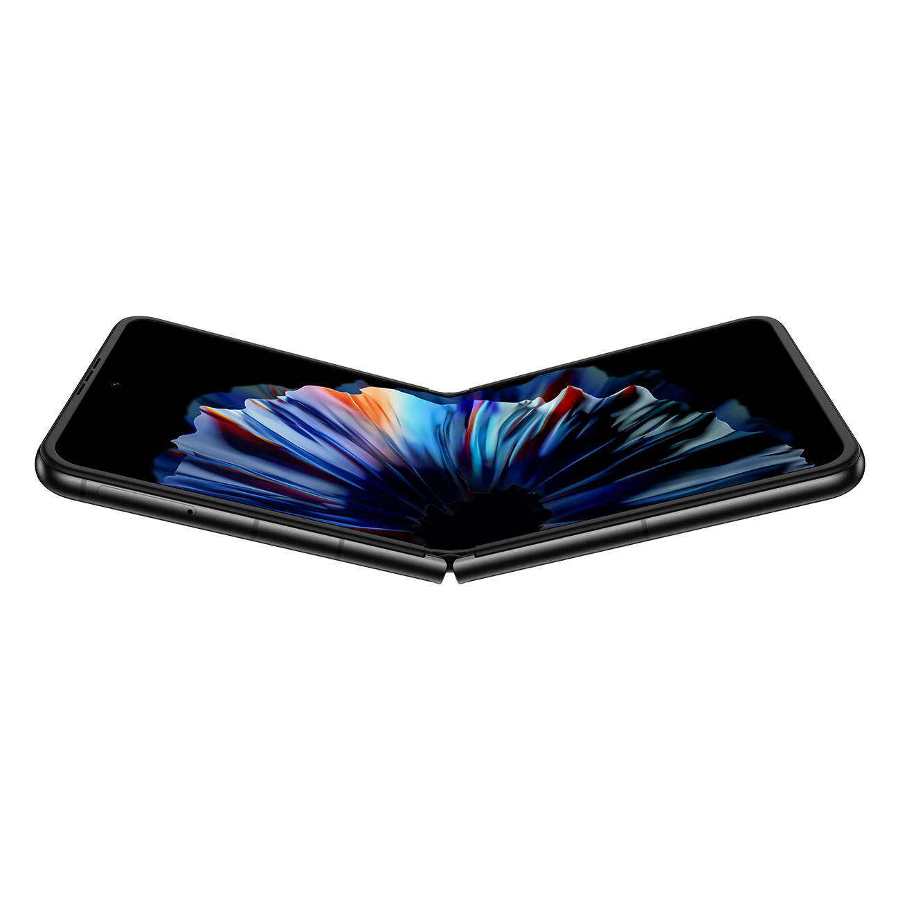 Częściowo złożony czarny smartfon, otwarty jak książka. Ekran wyświetla kolorowy abstrakcyjny wzór na białym tle.