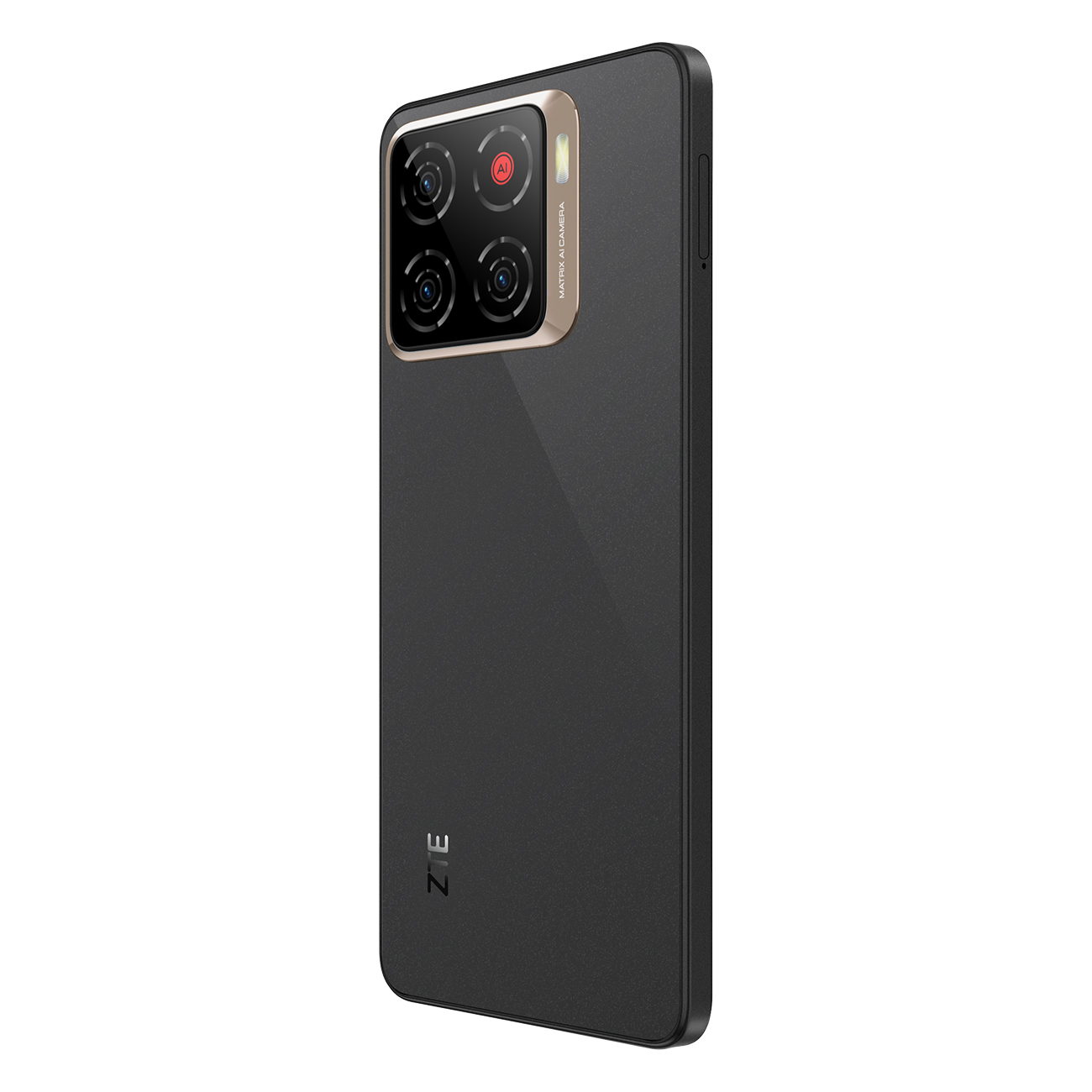 Czarny smartfon ZTE z poczwórnym aparatem i złotymi akcentami. Widoczny tył telefonu z logo ZTE na dole.