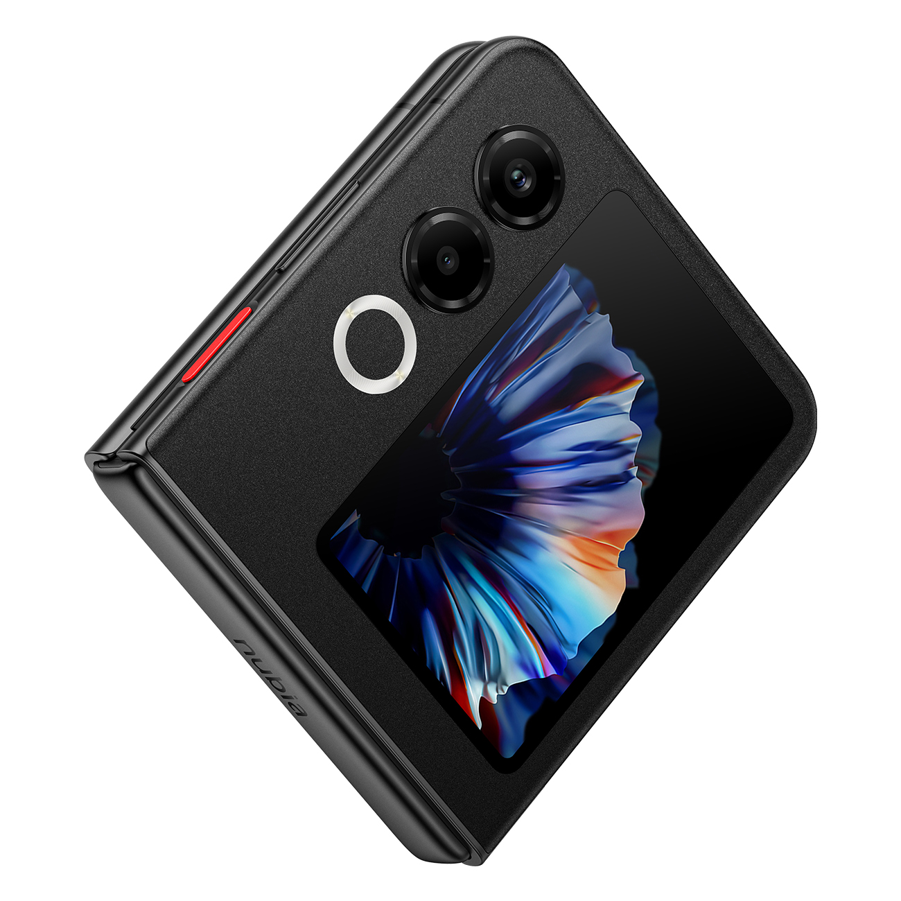 Czarny składany telefon z obiektywami aparatu i ekranem wyświetlającym kolorową grafikę. Widoczny biały okrąg.