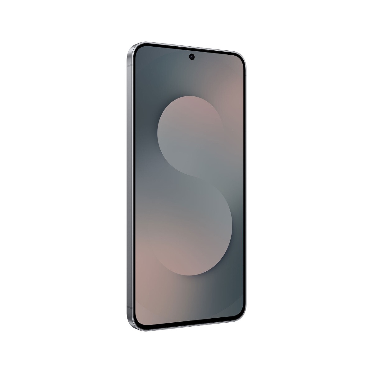 Smartfon z gradientowym wyświetlaczem, srebrną ramką i przednim aparatem. Tło jest białe.