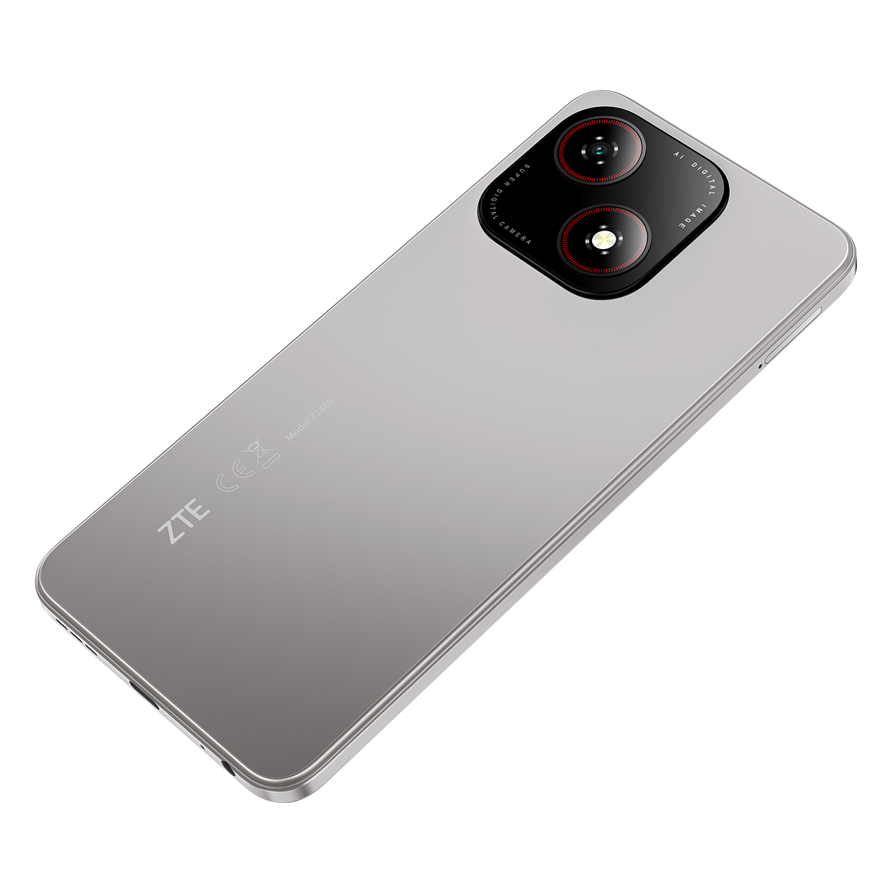Srebrny smartfon ZTE z dwoma obiektywami. Telefon jest pod kątem, ukazując tył i szczegóły aparatu.