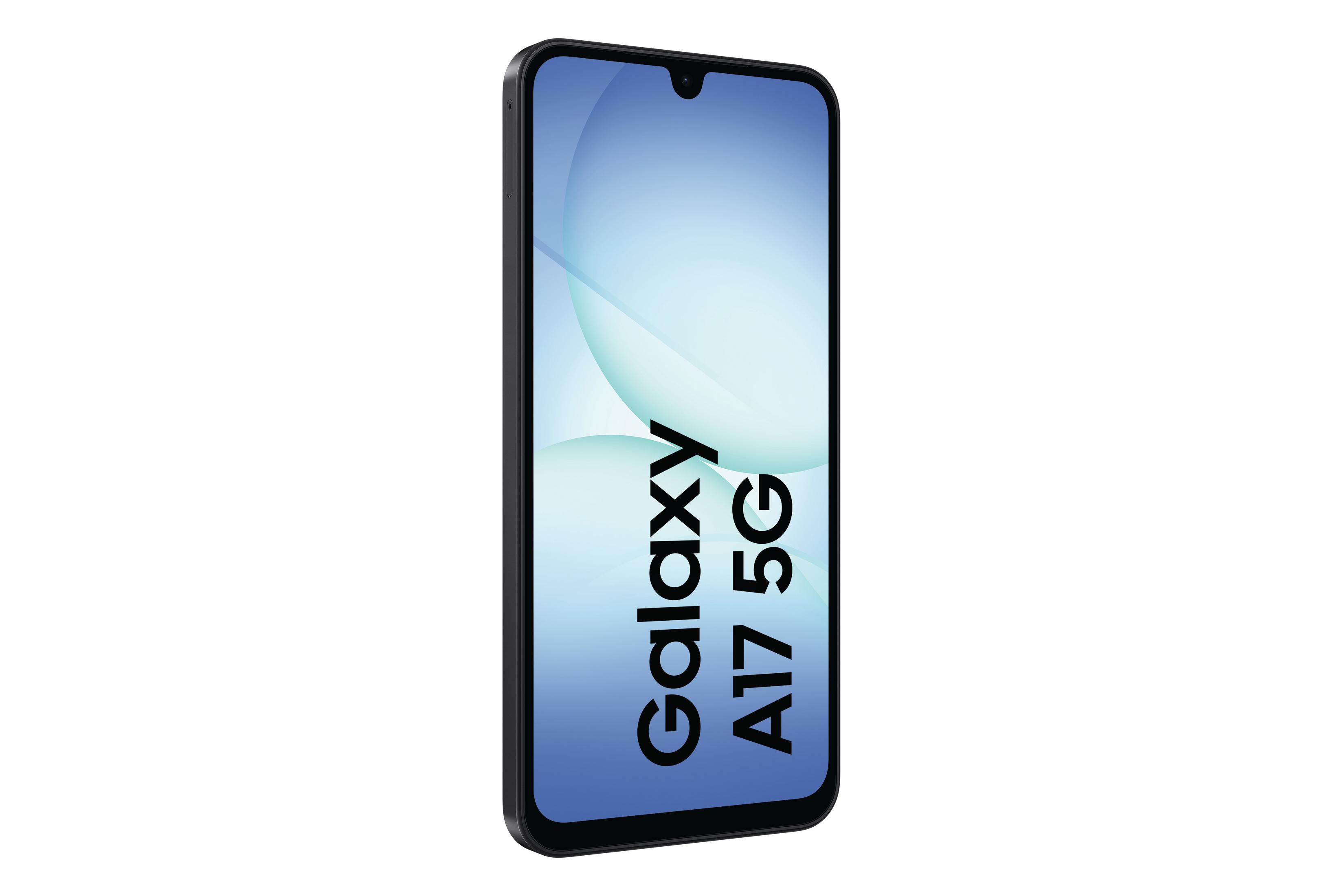 Wyświetlany jest smartfon Samsung Galaxy A17 5G. Ekran pokazuje niebieski gradient z białymi akcentami, a telefon jest czarny.