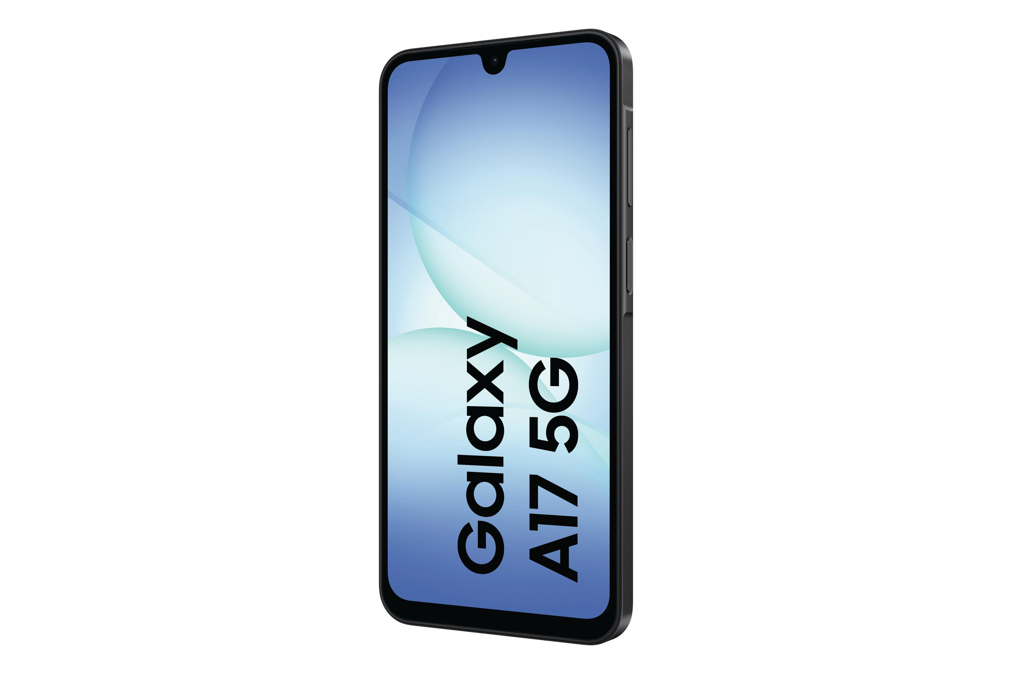 Czarny telefon Samsung Galaxy A17 5G wyświetlany jest pionowo. Ekran pokazuje niebieskie i białe gradienty.