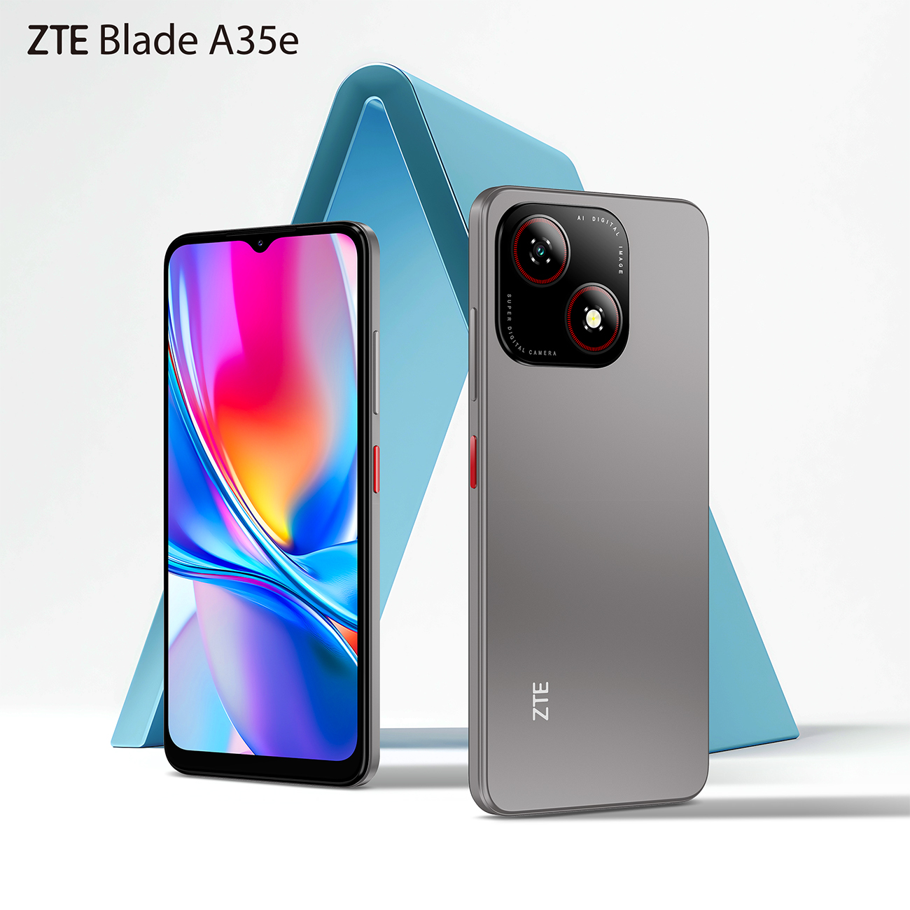 Dwa telefony ZTE Blade A35e. Jeden pokazuje kolorowy ekran, drugi ma podwójne kamery. Oba są szare z czerwonymi akcentami, na tle niebieskich kształtów.