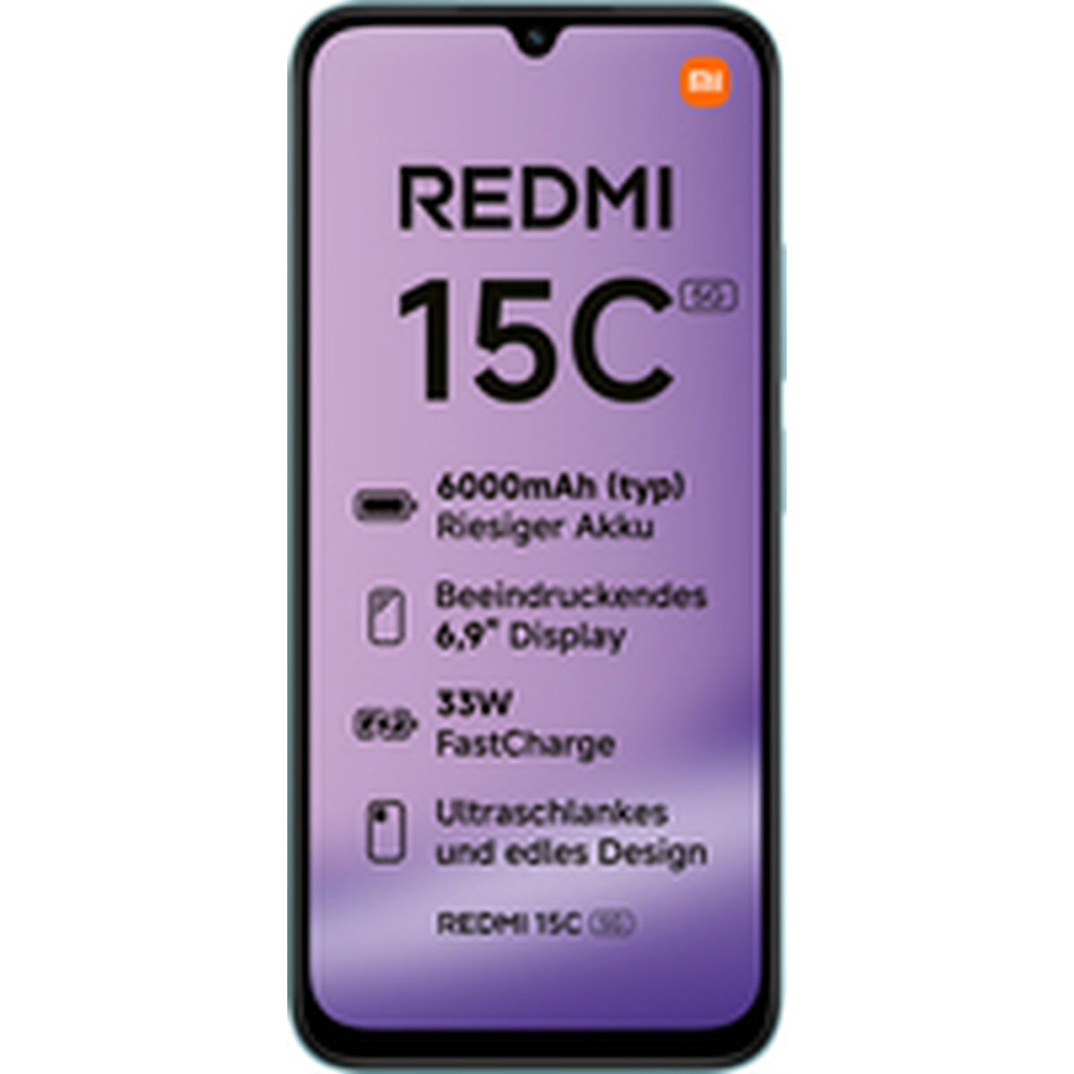 Wyświetlany jest smartfon o nazwie Redmi 15C. Ma fioletowy ekran z funkcjami: bateria, wyświetlacz, szybkie ładowanie i design.