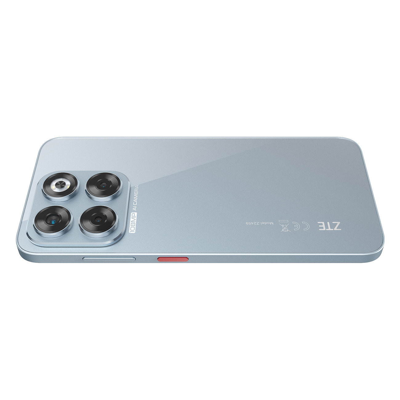 Jasnoniebieski telefon ZTE z czterema aparatami. Telefon ma czerwony przycisk i srebrną ramkę. Widoczny jest tył telefonu.