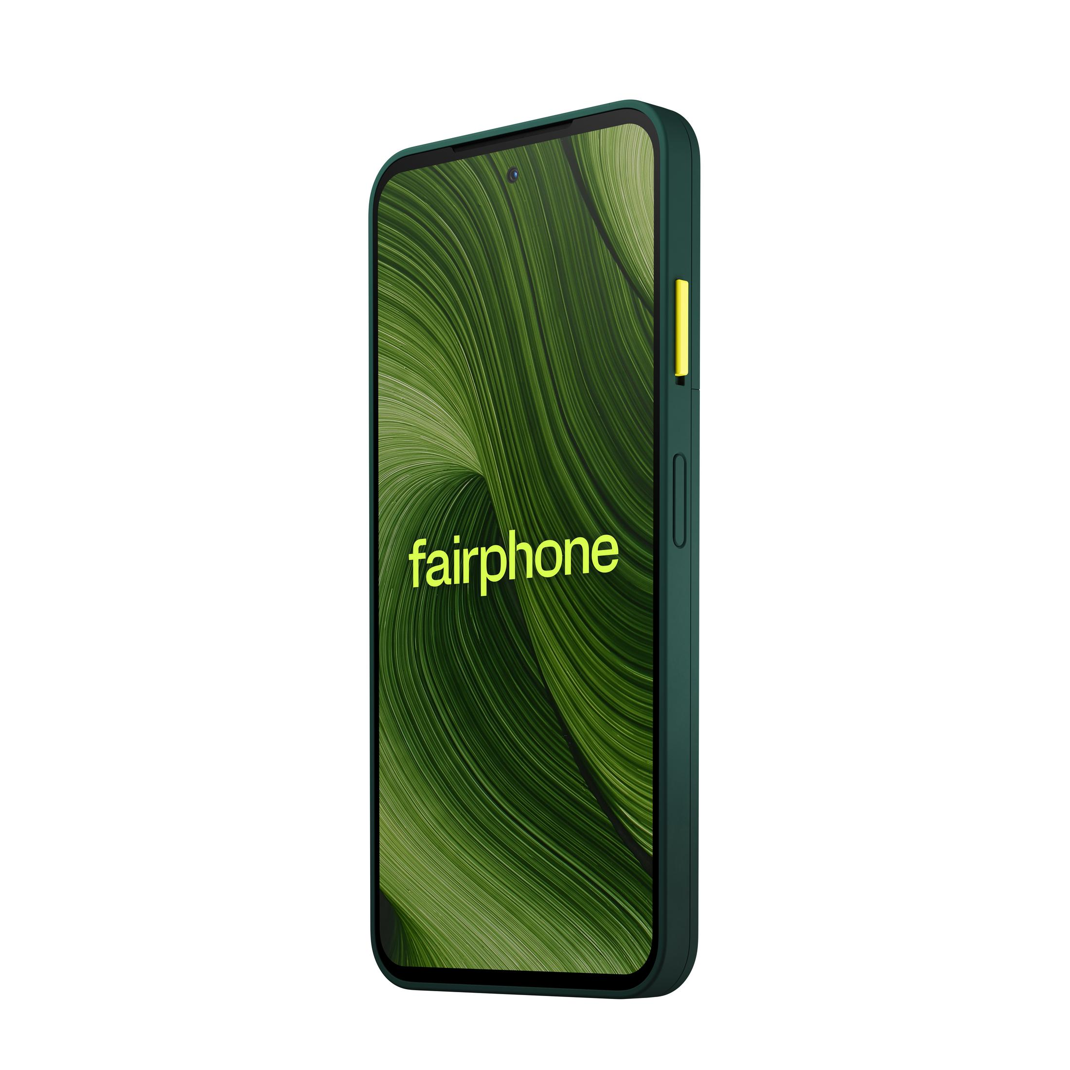 Un Fairphone verde mostra un motivo a onde verdi con testo giallo. Il telefono ha una custodia verde scuro.