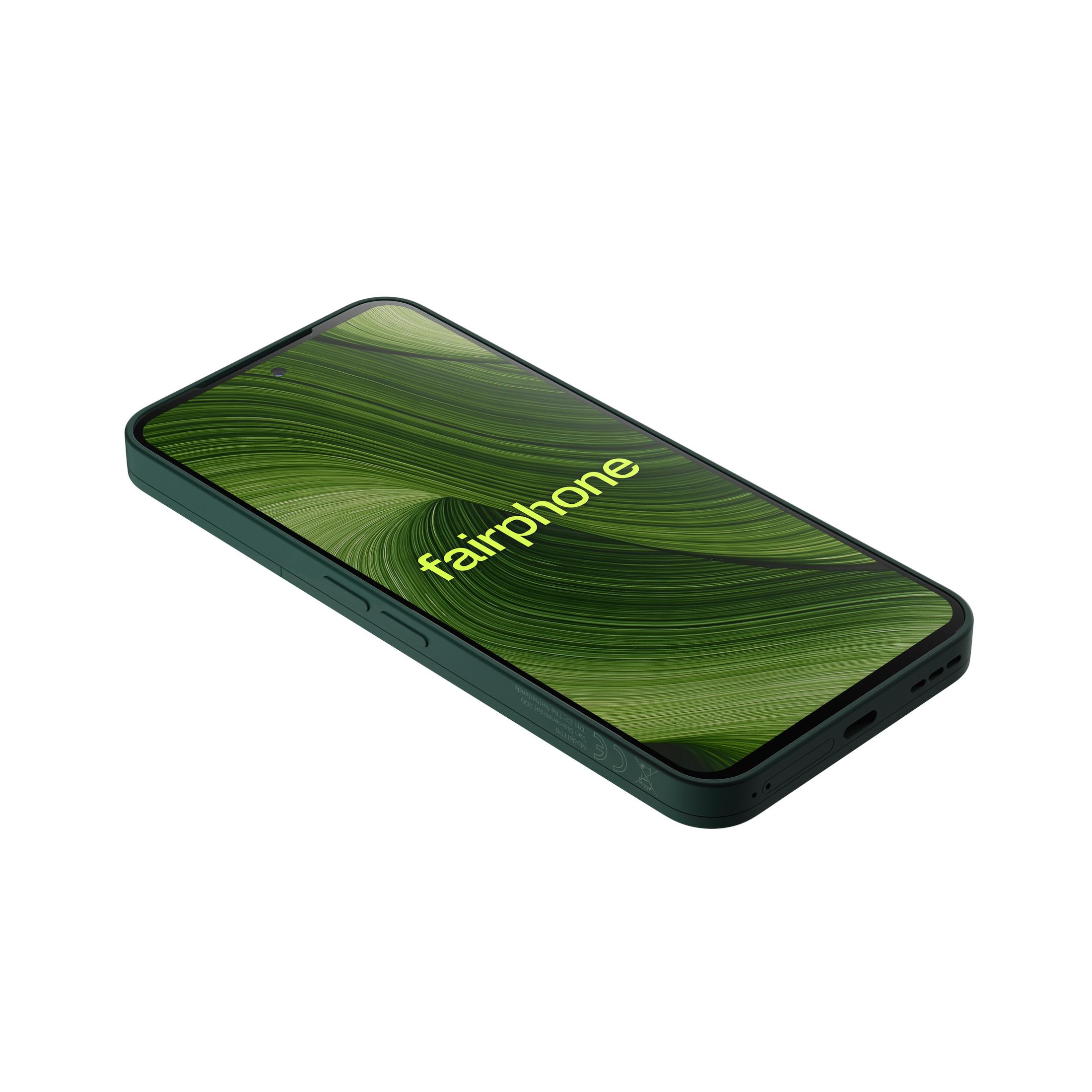 Uno smartphone Fairphone, custodia verde, schermo mostra un motivo verde con testo 'fairphone'.